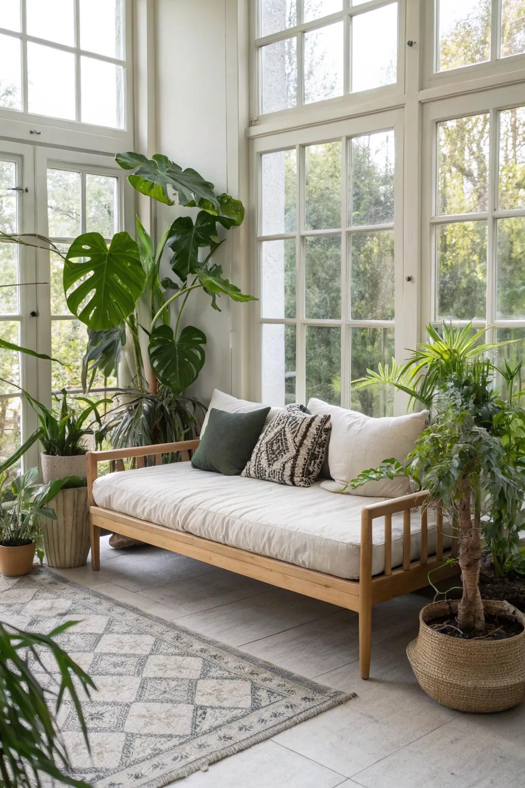 Indoor flora near a daybed introduce natural aspects and vibrancy.