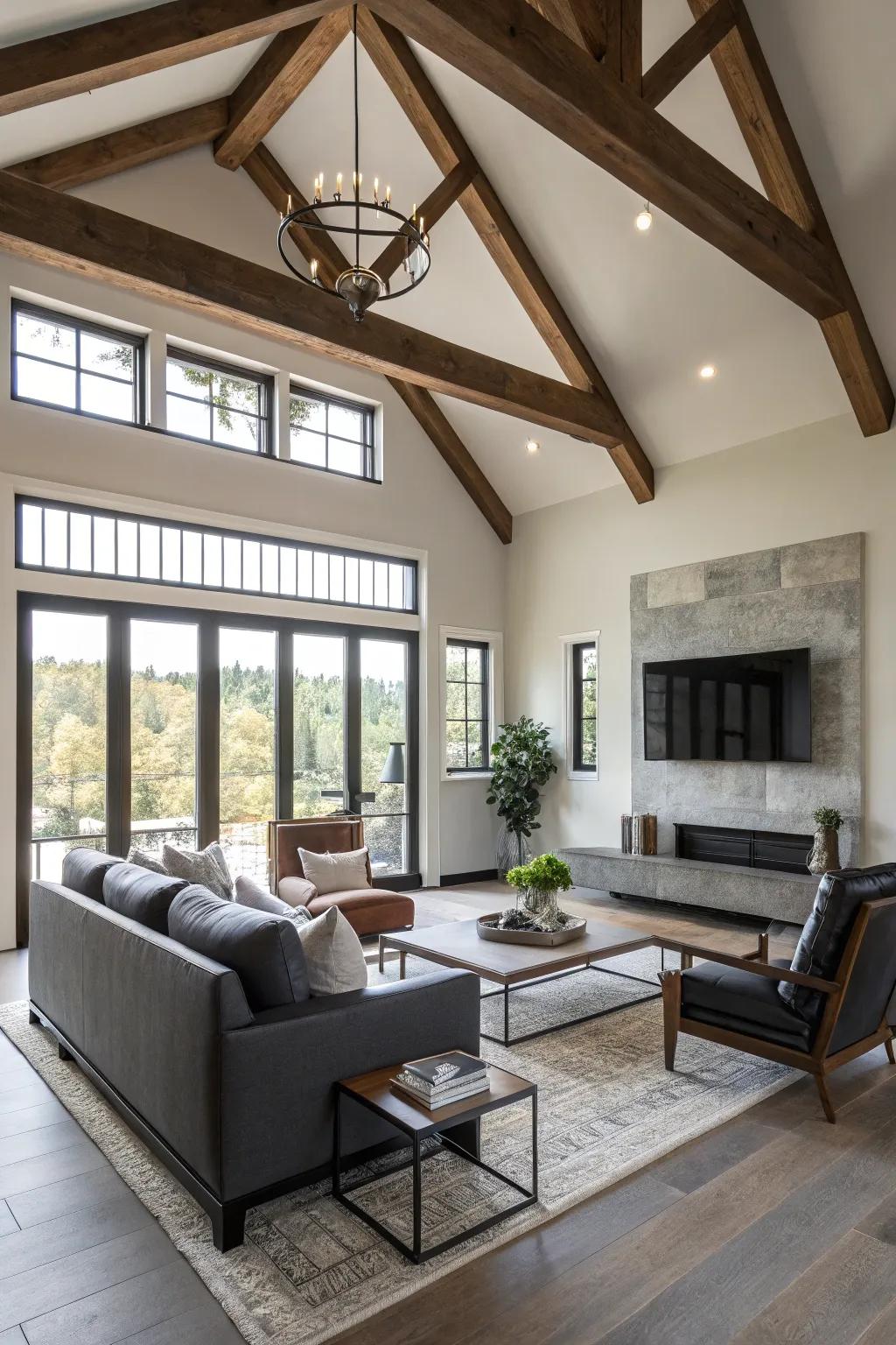 Emphasized struts infuse countryside appeal into contemporary spaces.