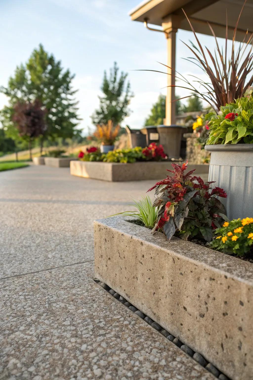 Built-in planters add life to a stone patio.