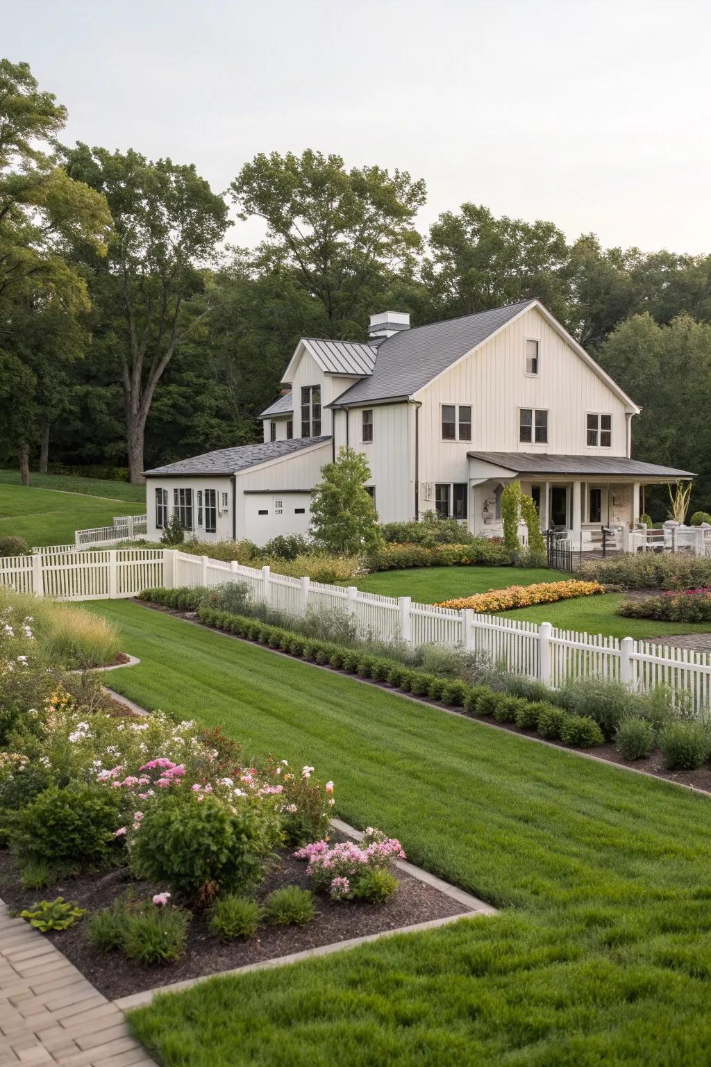 Natural beauty: Thoughtful landscaping that enhances a modern farmhouse's curb appeal.