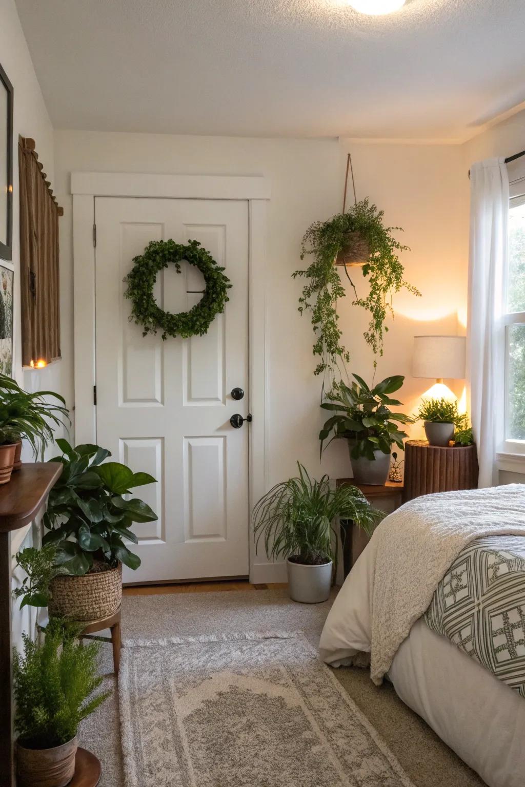 Greenery introduces a fresh and natural element to this guest bedroom.