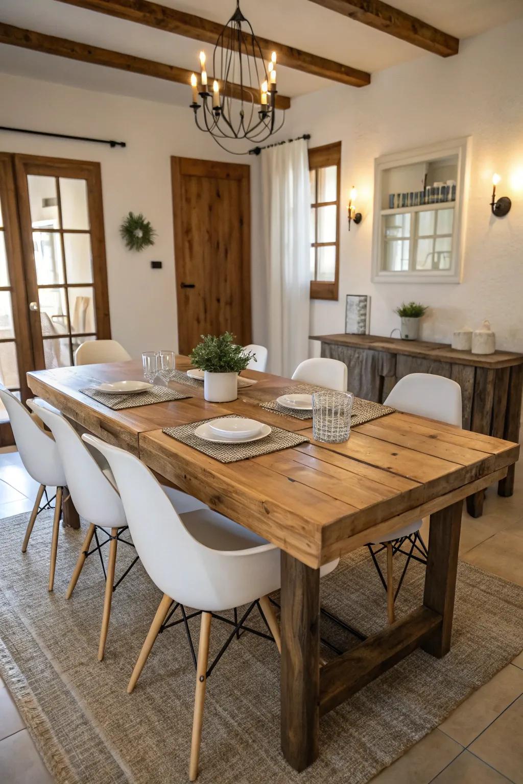 Modern furnishings synchronize with unrefined elements in this farmhouse dining zone.