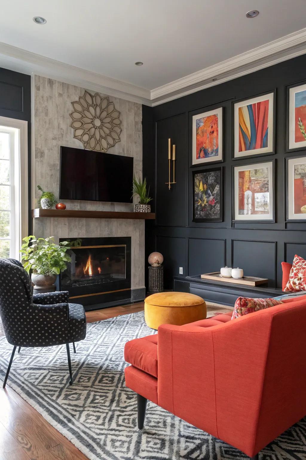 Alternative spectrums render the fireplace and TV as the distinguishing aspects of the space.