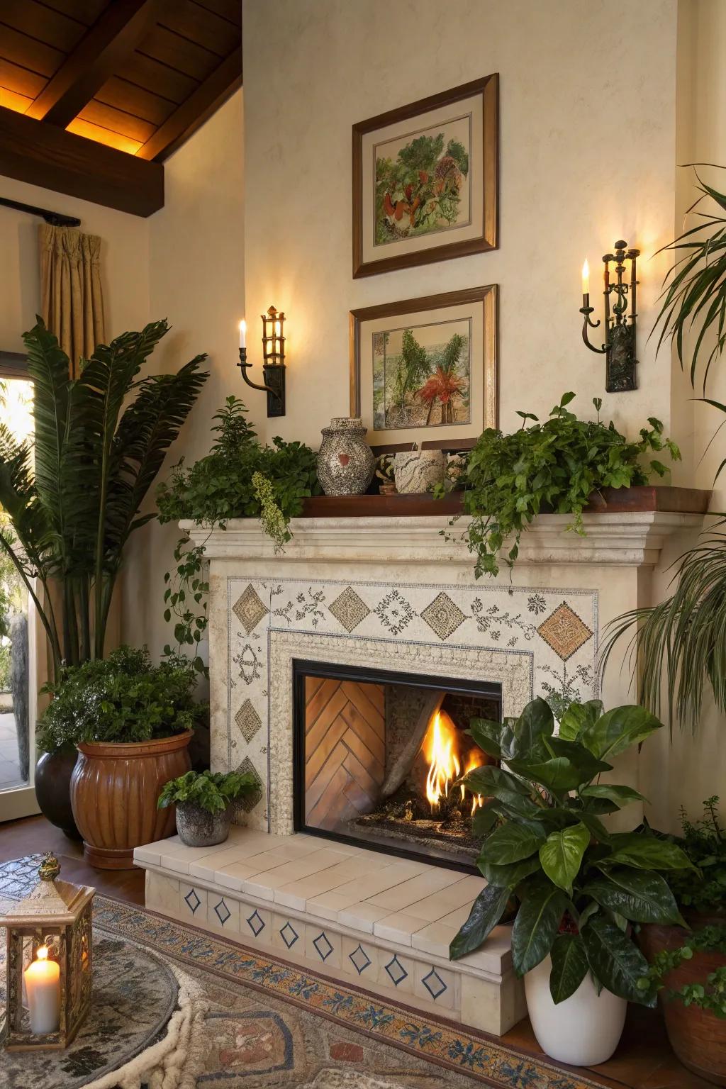 Fireplace decorated with ornamental embellishments.