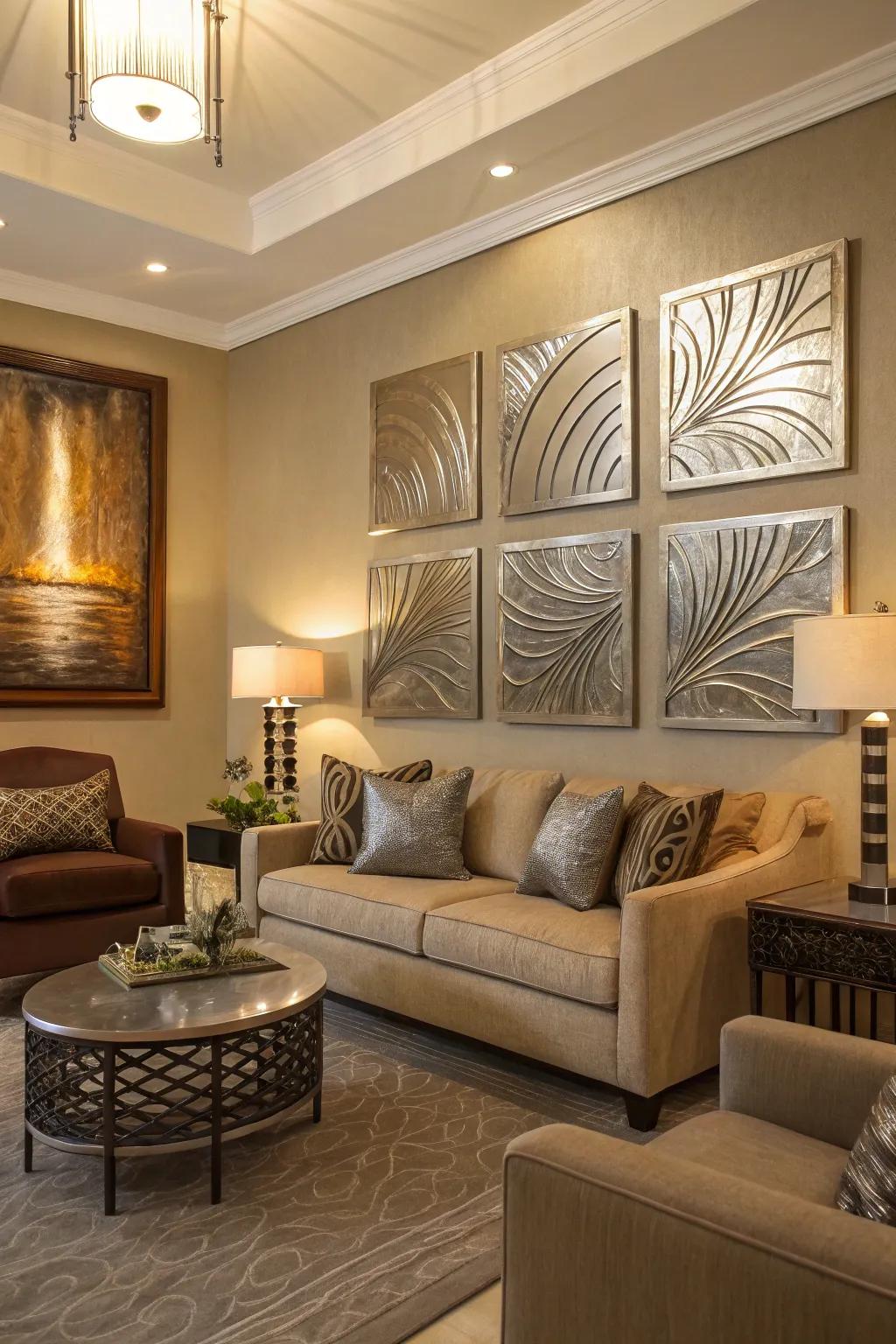 Metallic artwork heightens the sophistication of this living space.