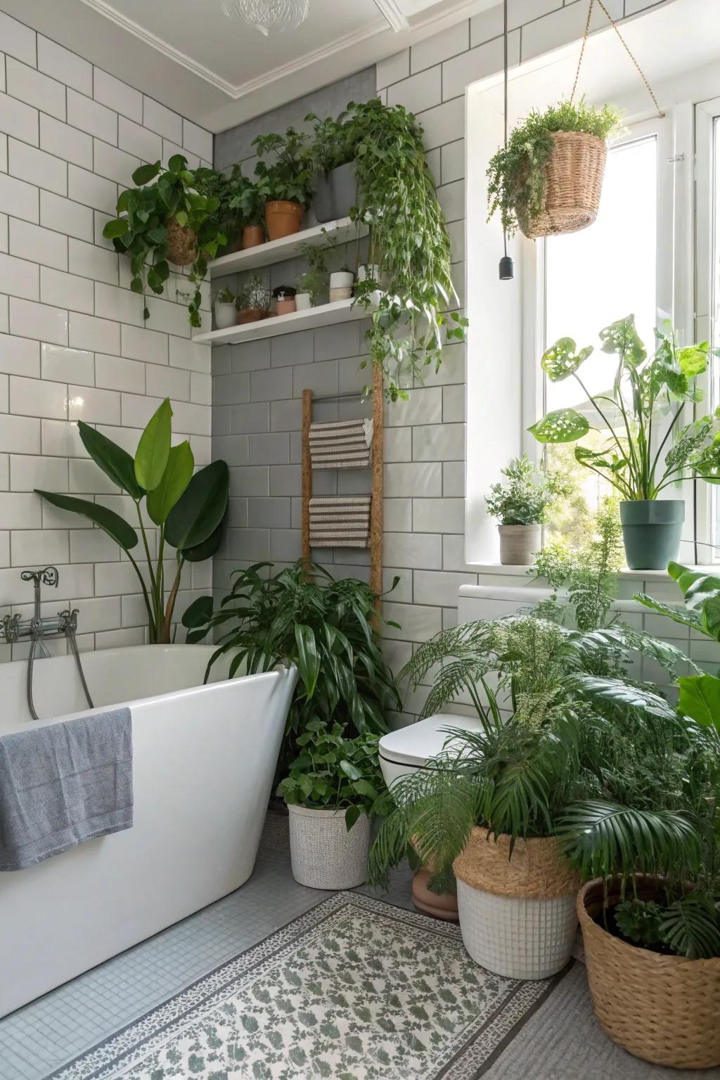 Plant life introduces a hint of nature and vibrancy to the bathroom.