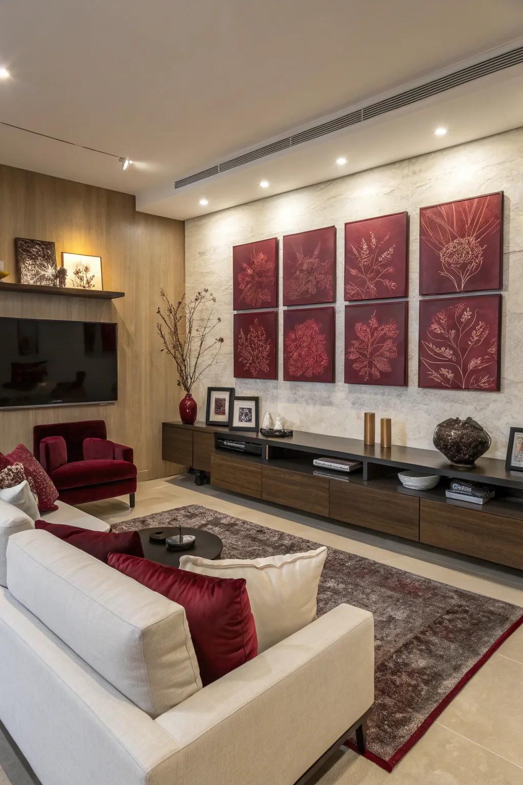 Living area featuring carmine-themed artwork and modern décor.