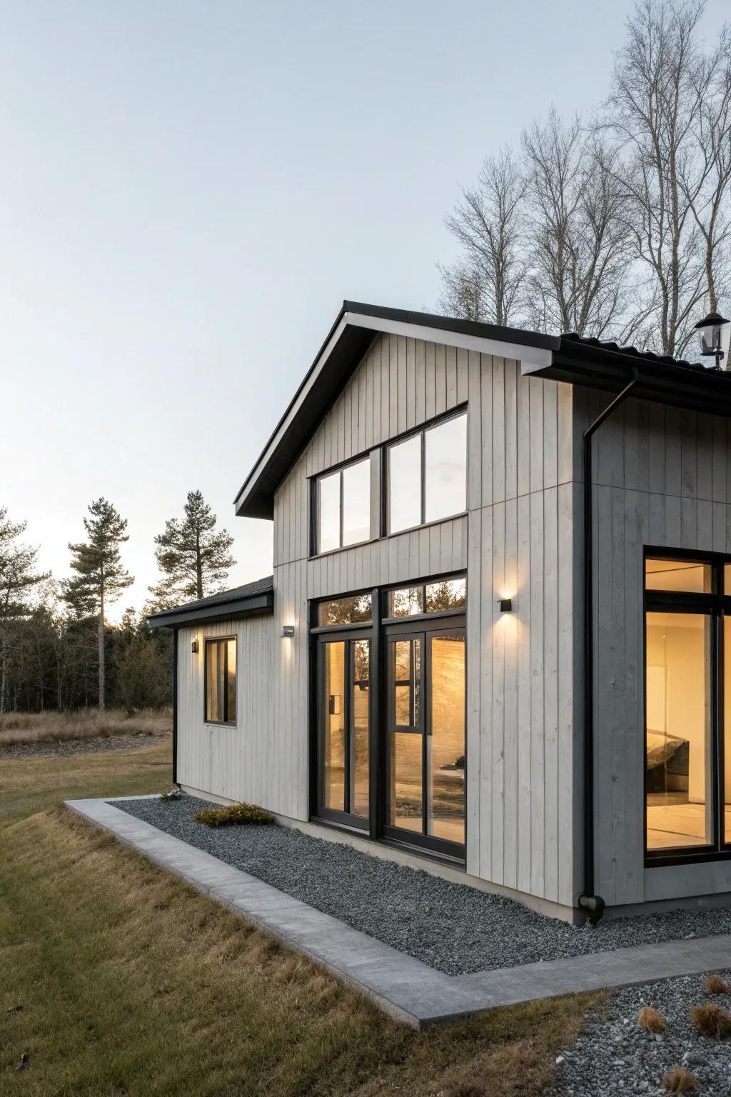 Shingle grey and ebony detailing create a sleek, modern aesthetic.