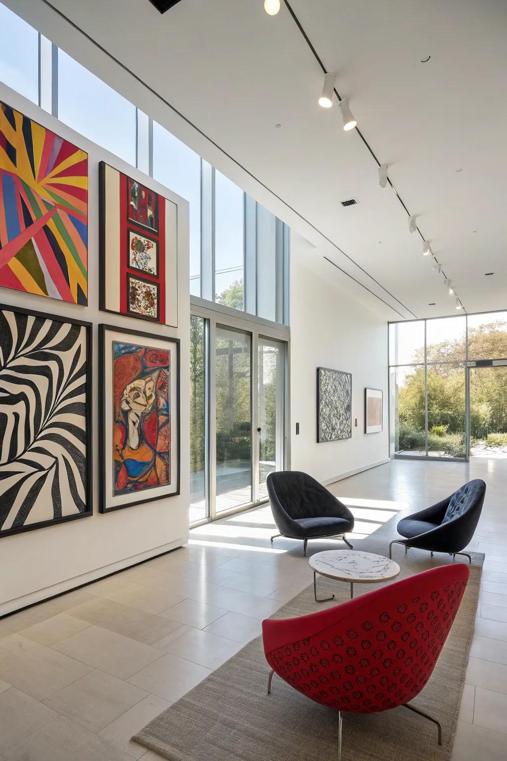 A modern interior is accented with bold artwork.