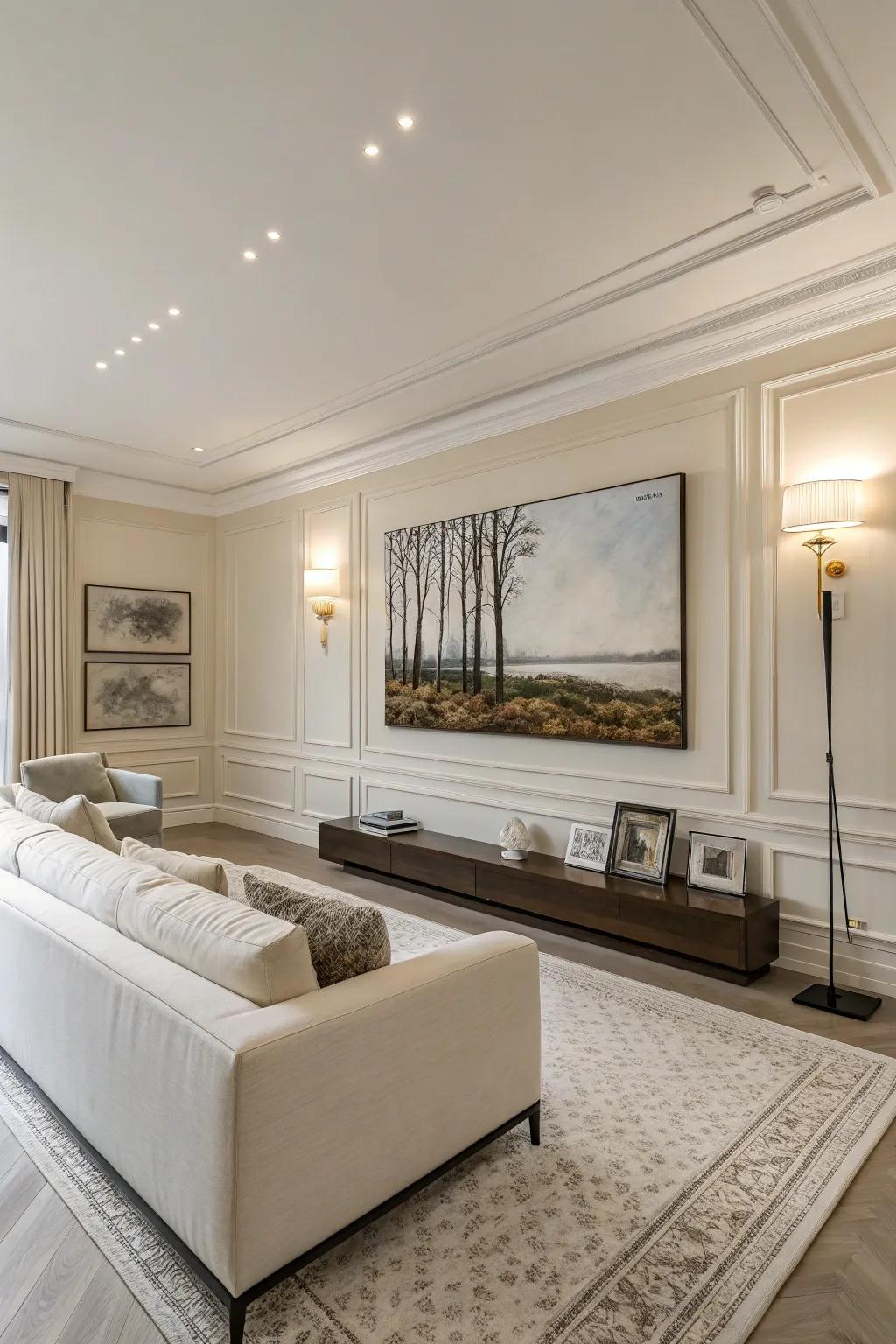 An atmosphere of peacefulness is achieved within the family room through a stripped-down design featuring one piece of artwork.