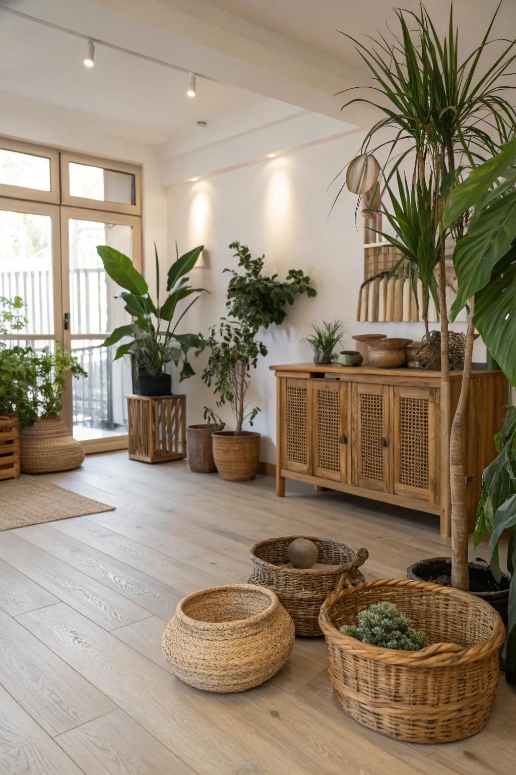Natural elements beautifully complement bright timber floors.