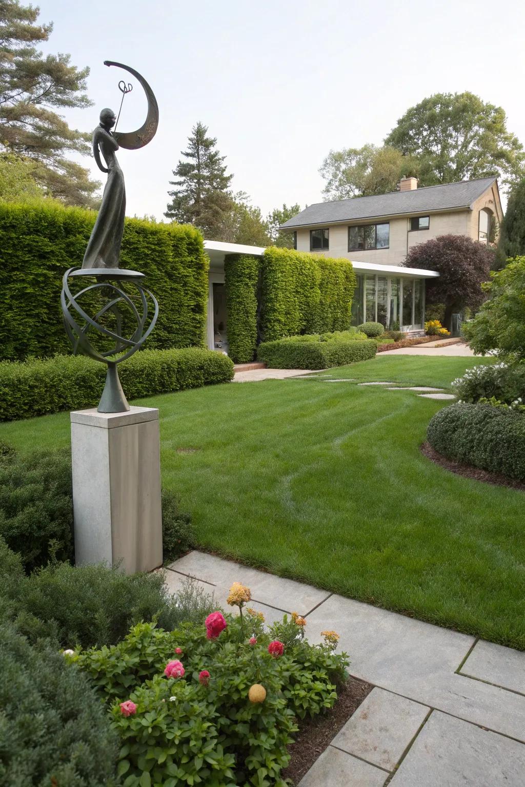 A front yard that highlights a modern sculpture, enhancing its visual appeal.