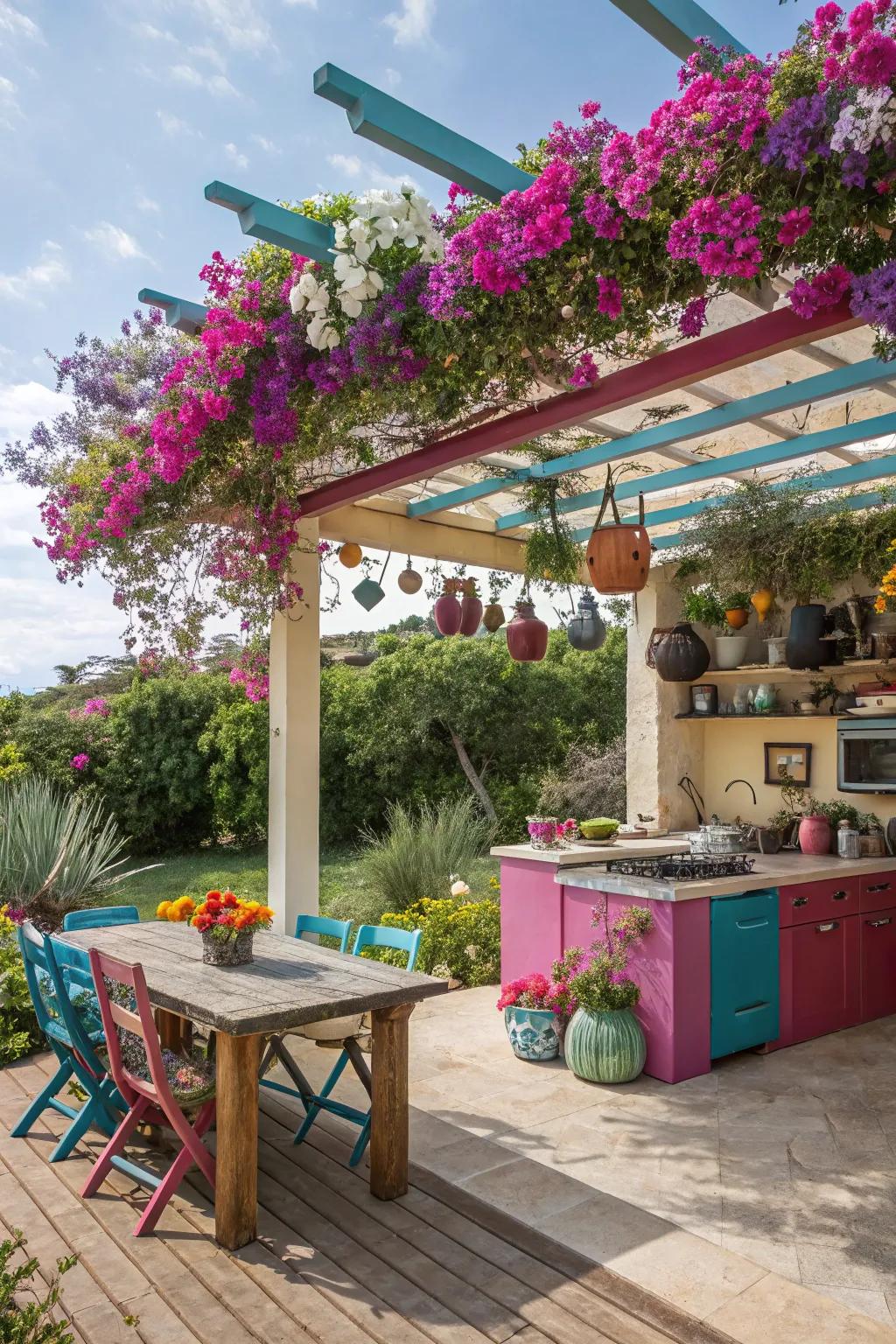 Vibrantly colored pergola making a statement above an outdoor kitchen.