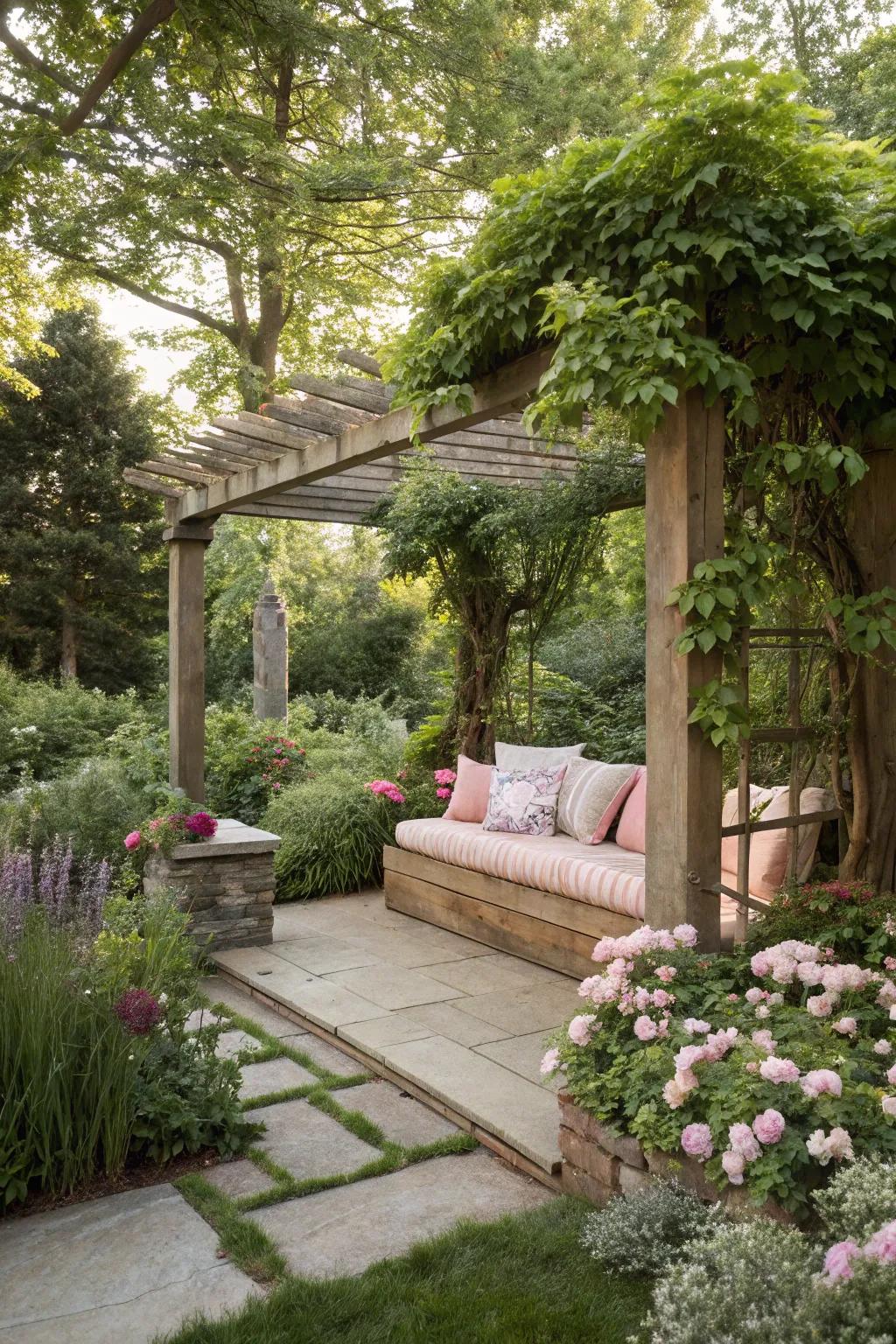 Built-in seats turn your arbor into a comfy getaway.