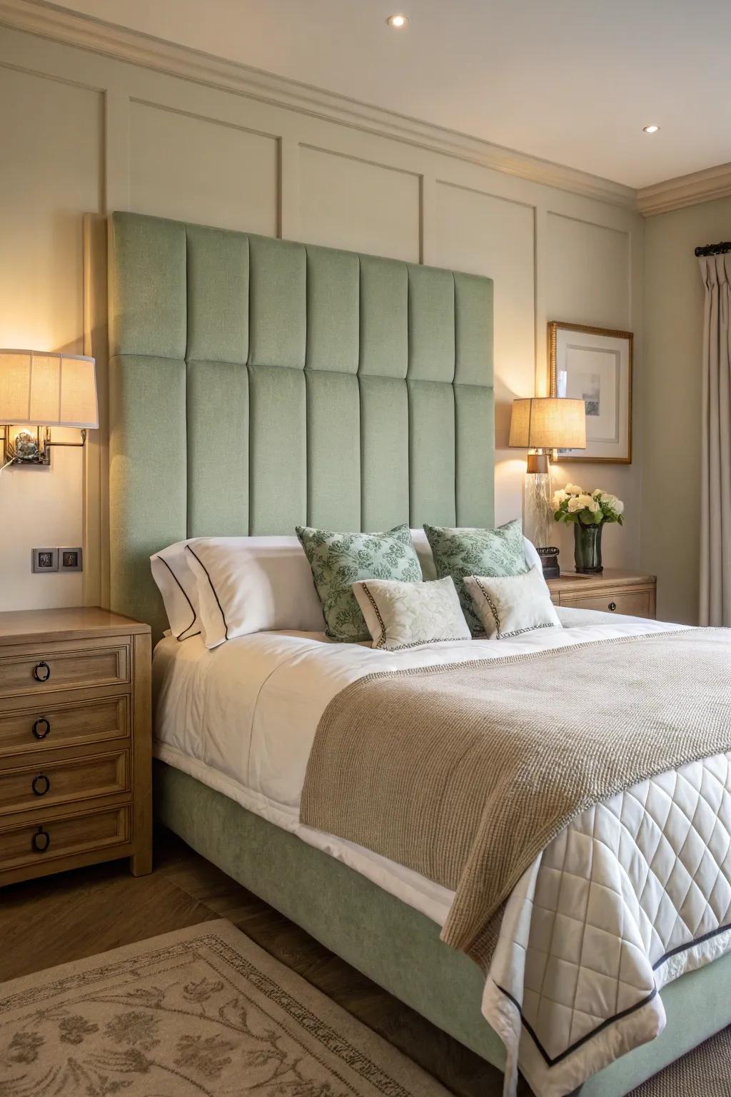 A sage green headboard contributes a hint of refinement and color.