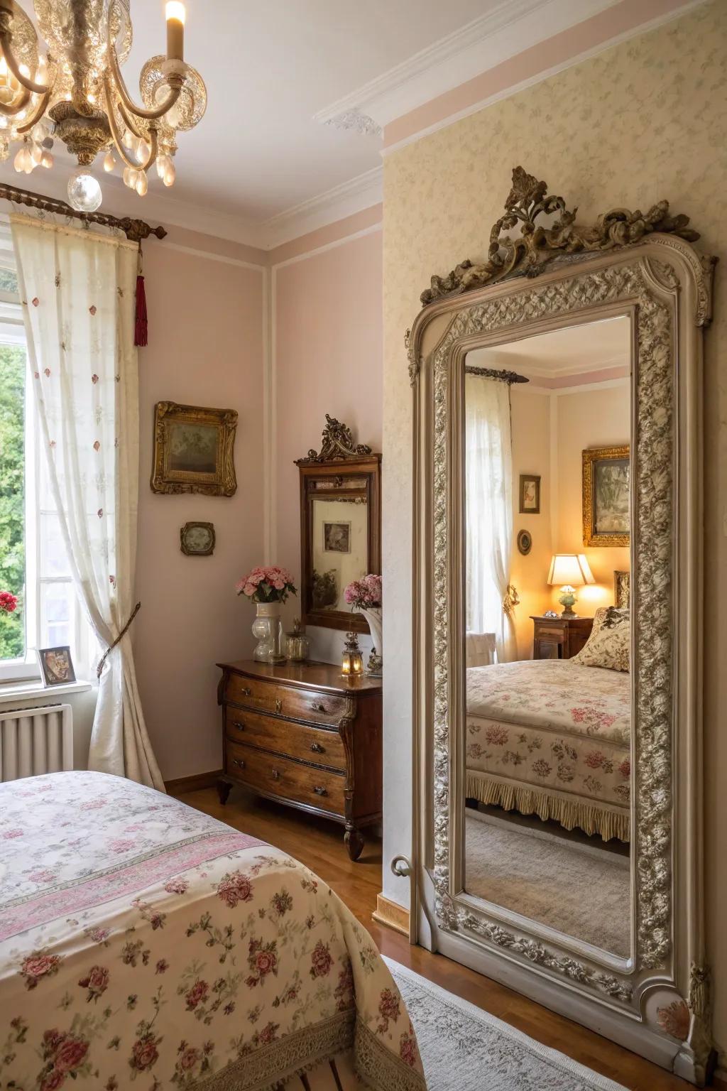 Ornamental reflectors add sophistication and light to a shabby chic bedroom.