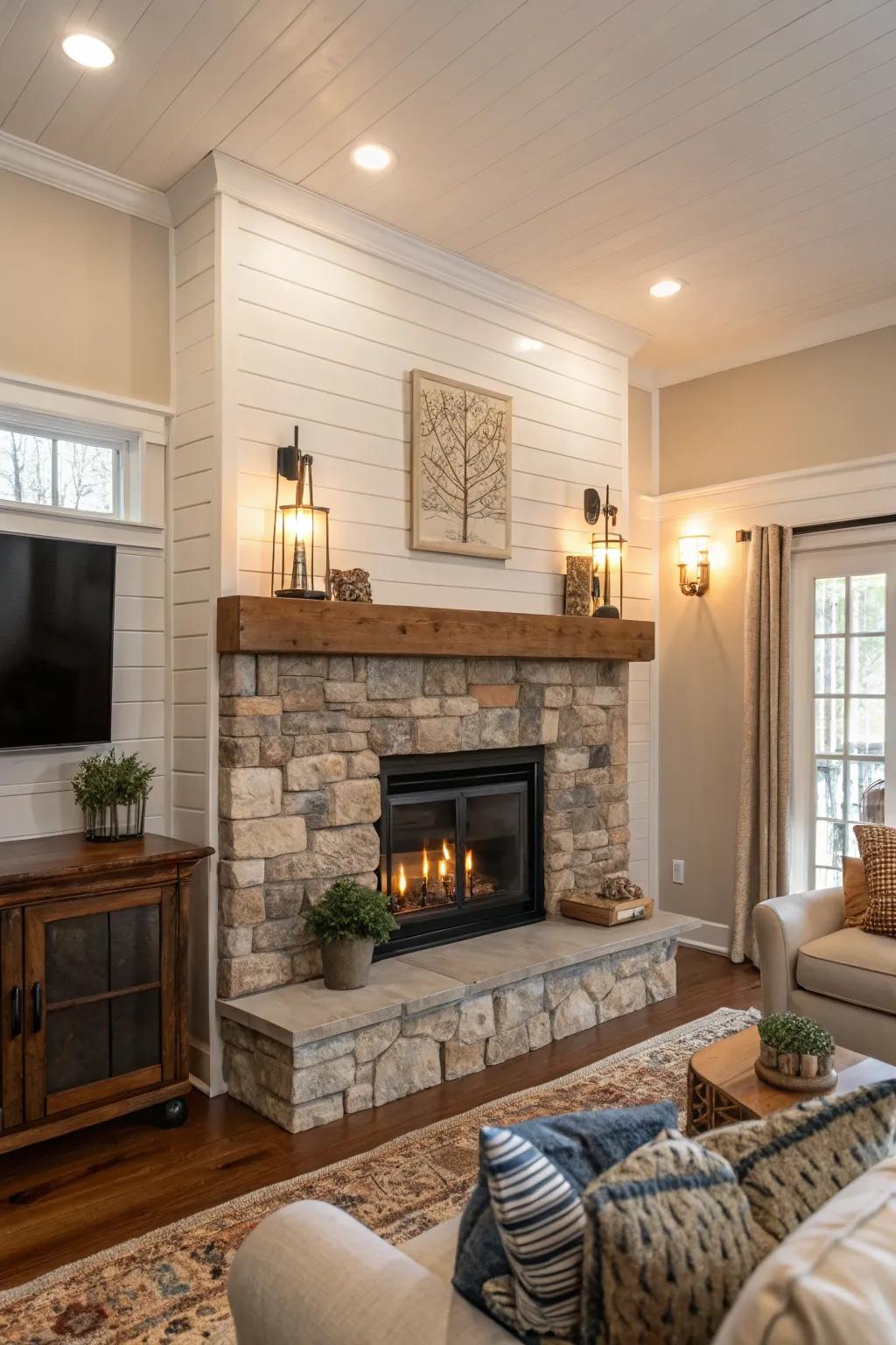 A shiplap fireplace elevated with rock accents.