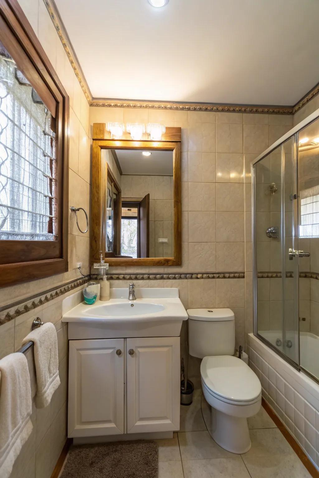 Looking-glasses enhance the sense of space in this compact bathroom.