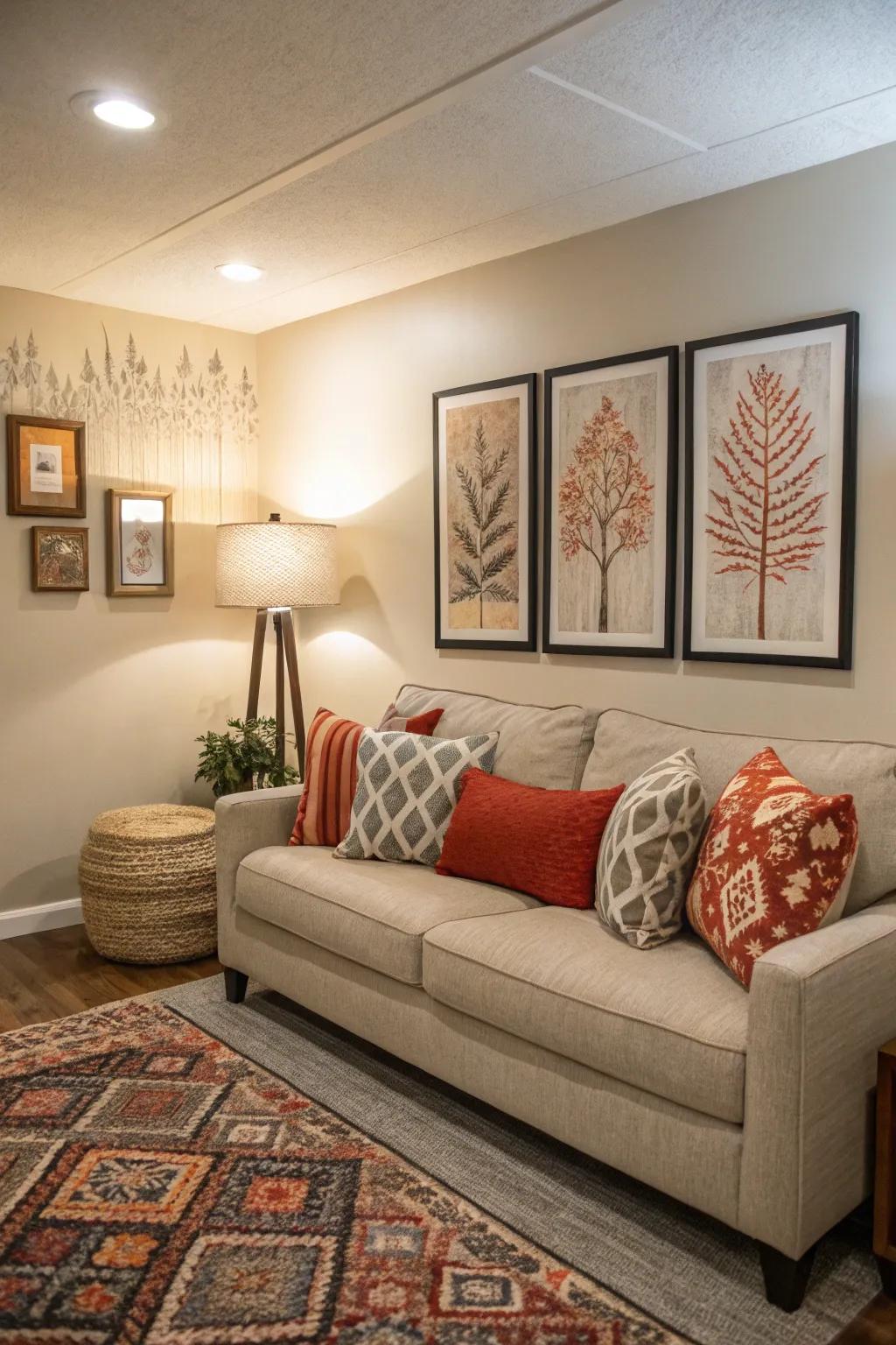 An accent wall and captivating artwork displayed in a compact living area.