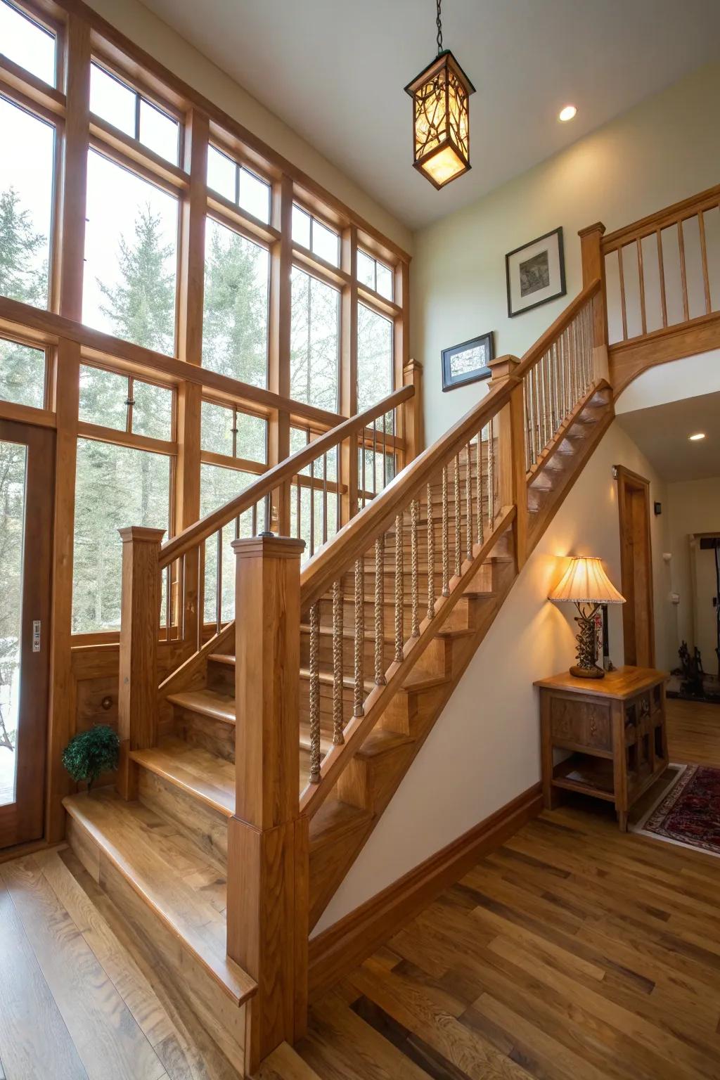 Natural wood railings add a sense of warmth to contemporary decor.