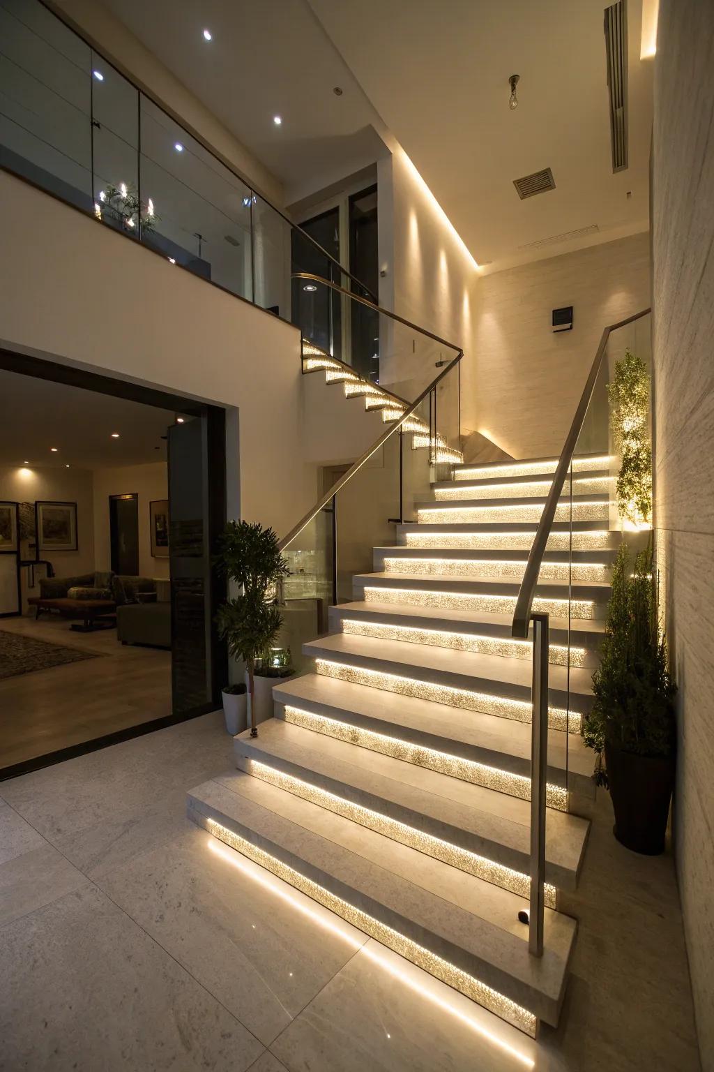 Diode lighting beneath platforms engenders an alluring ambiance and enhances security.