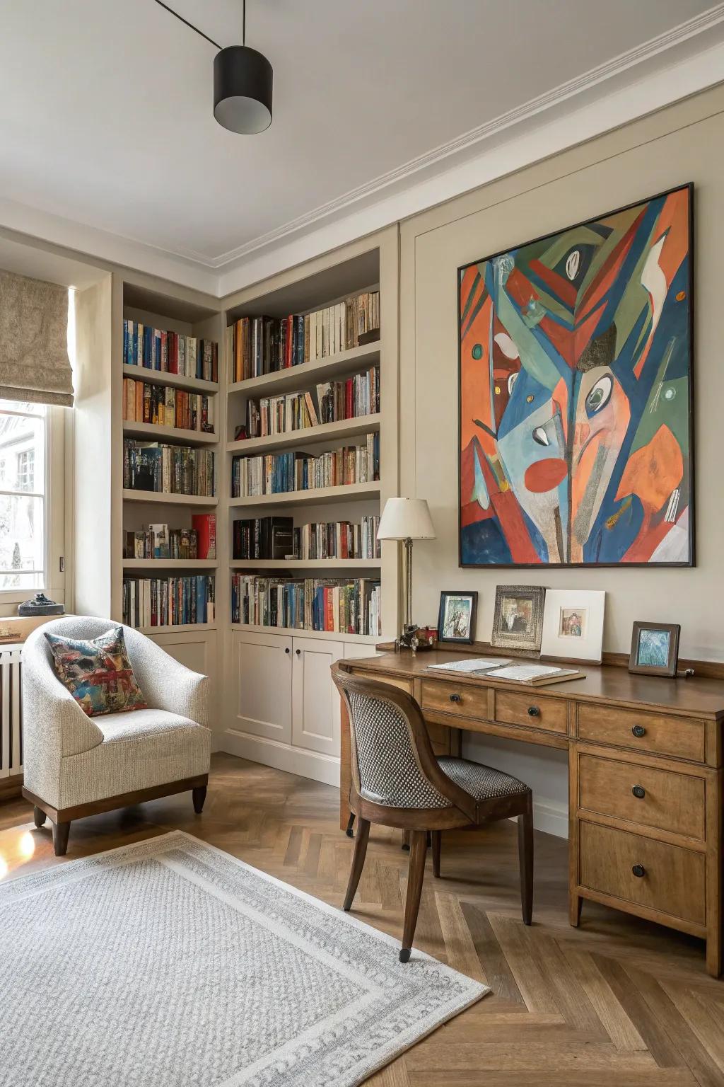 A personalized study room featuring art that enhances creativity.