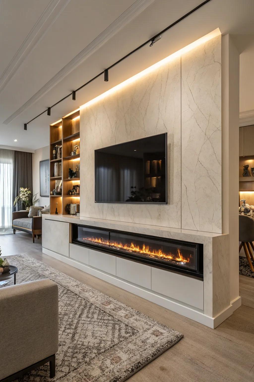 A contemporary hearth introduces warmth and panache to your TV arrangement.