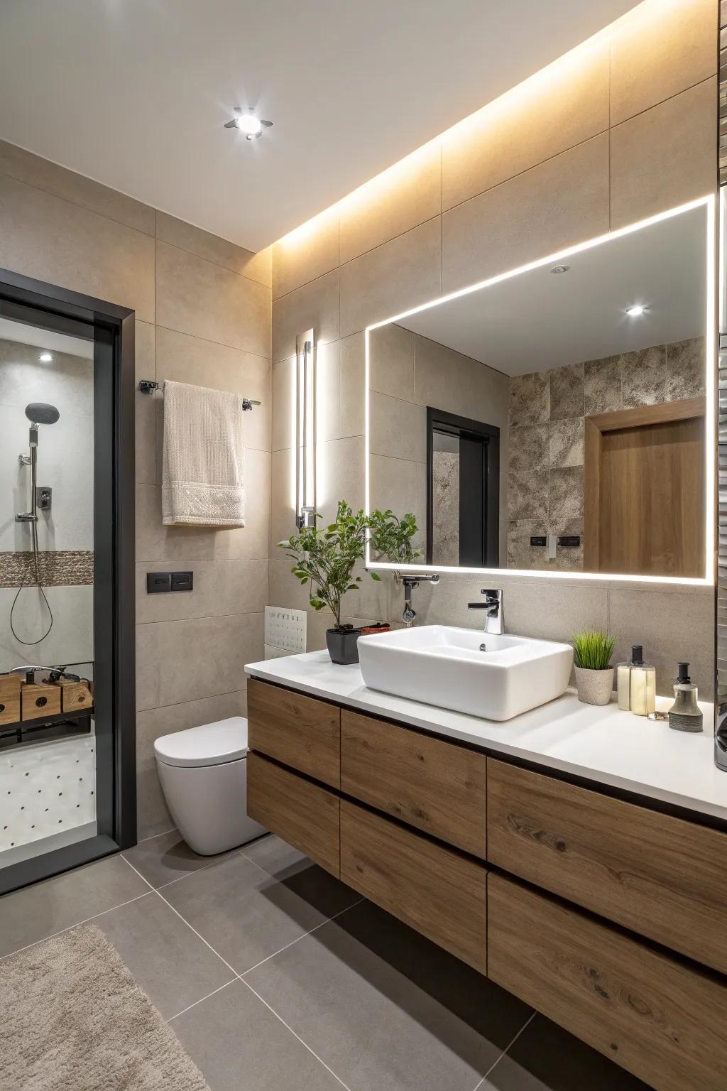 Sustainable light-emitting diode illumination for an eco-conscious bathroom.