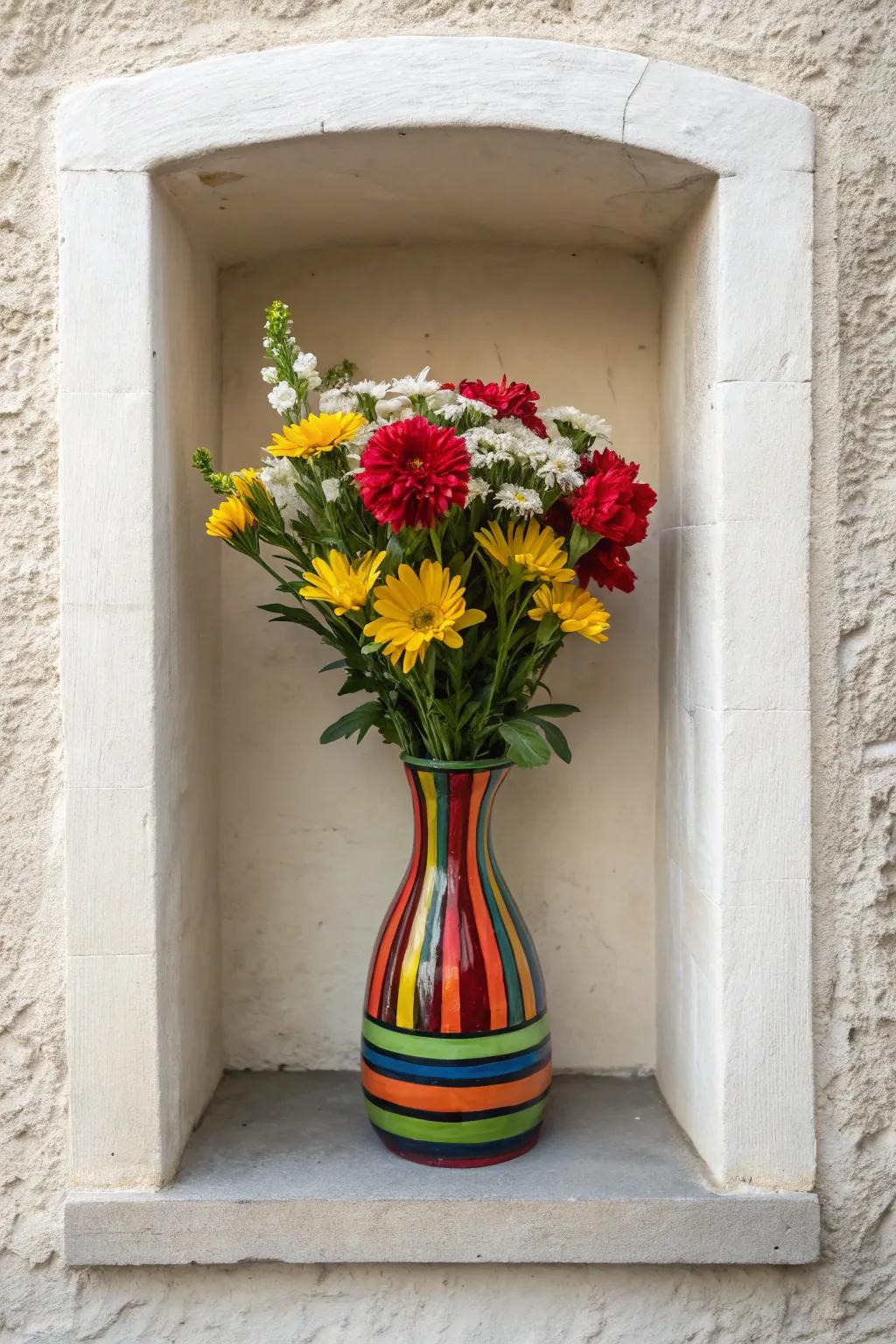 A wall niche showcasing a dramatic, vibrant vase as a statement piece.