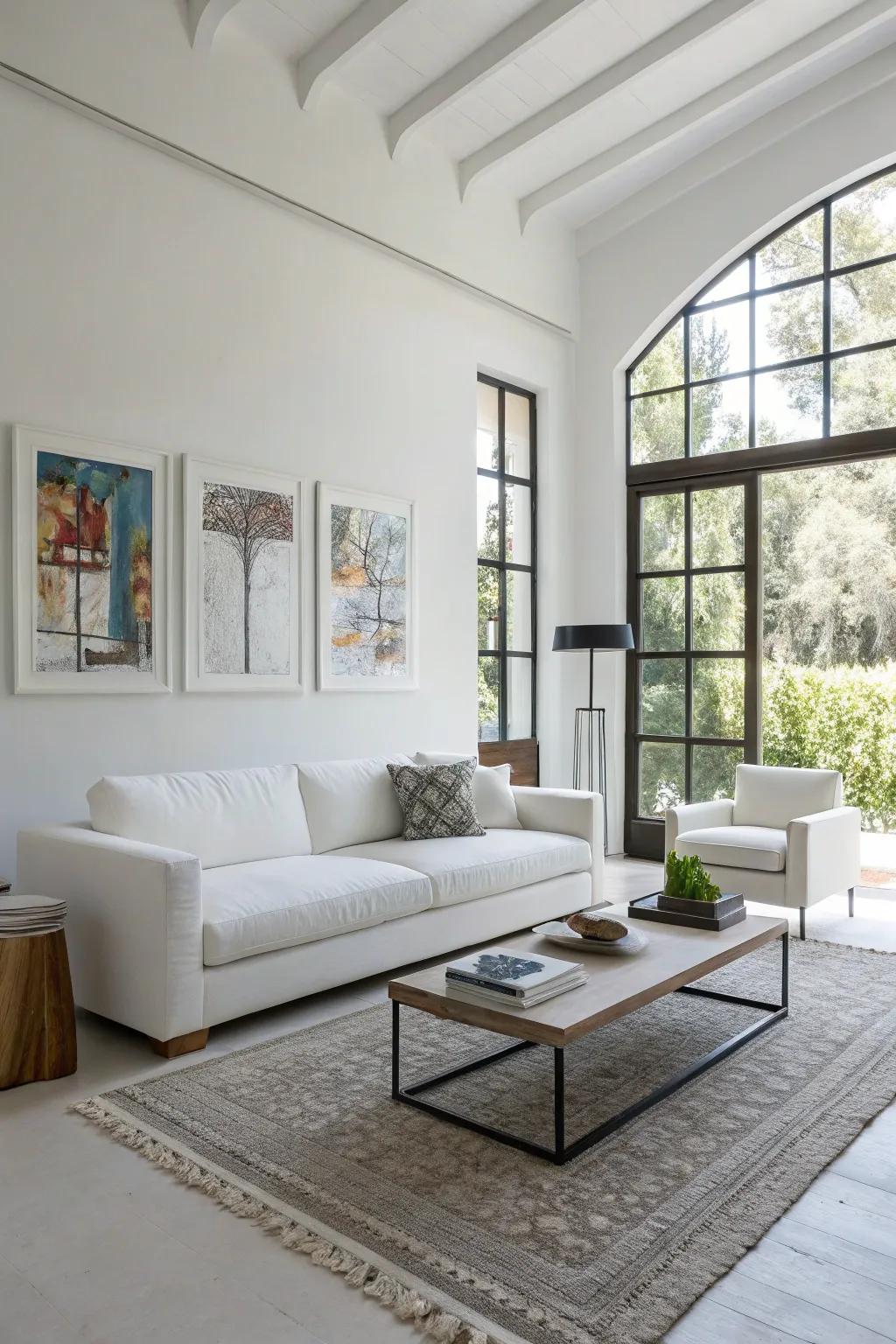 Minimalist furniture creates an uncluttered look in a white living room.