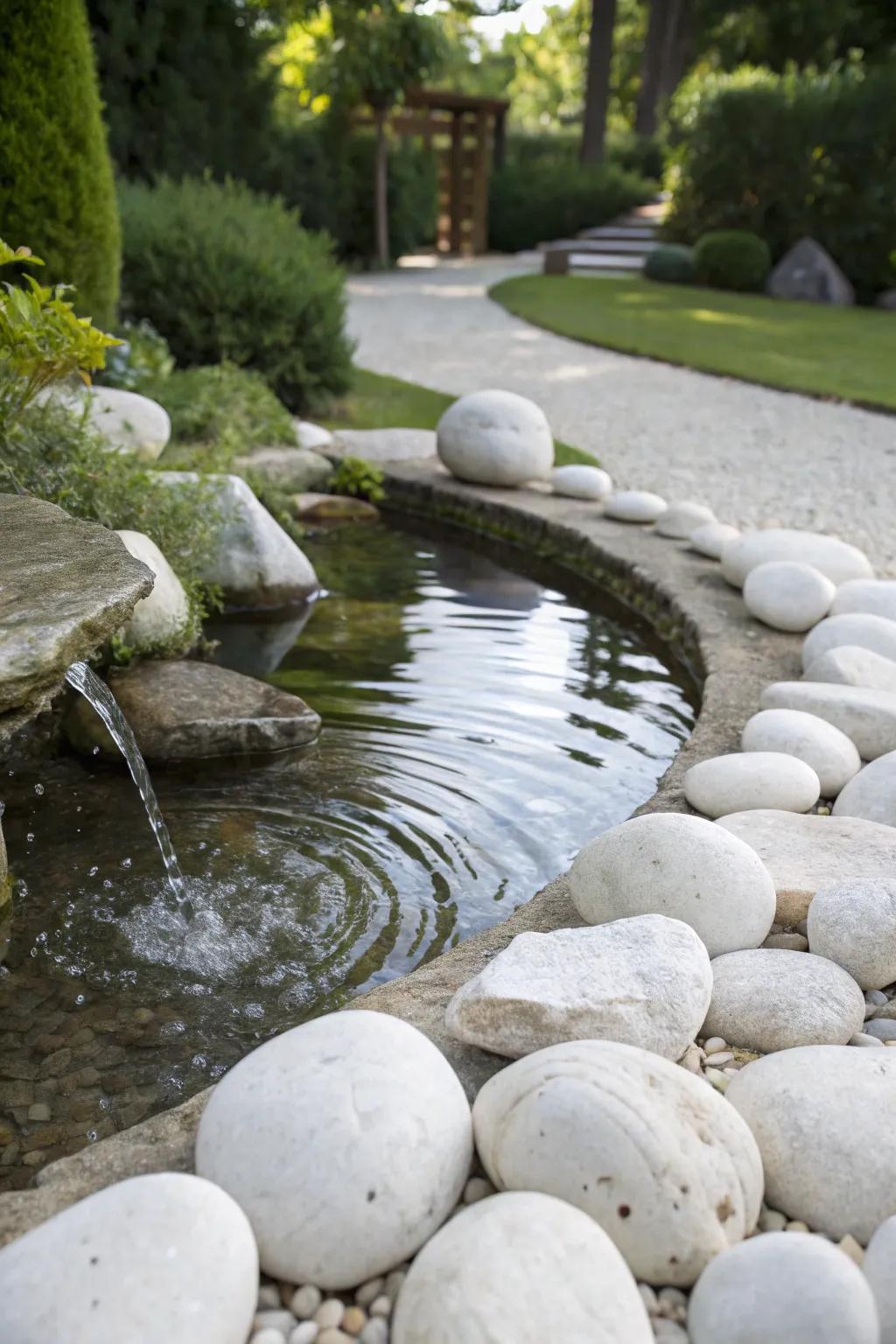 A tranquil water element encircled by white stones, fashioning a serene garden alcove.