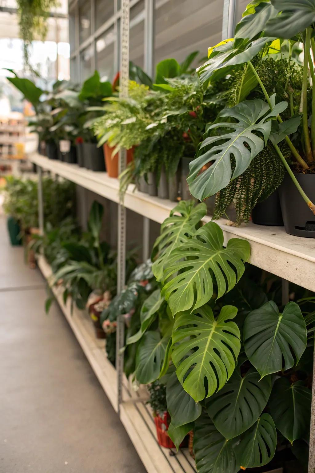 A vibrant botanical display with monstera leaves on a shelf.