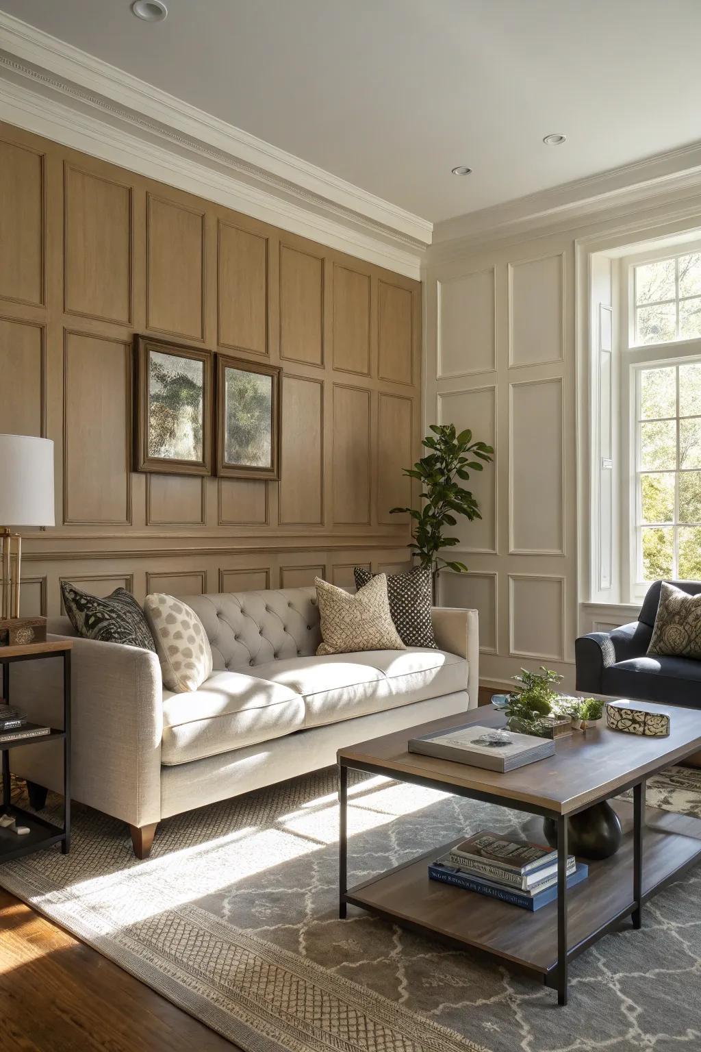 Traditional meets modern in a calmly lit living room.