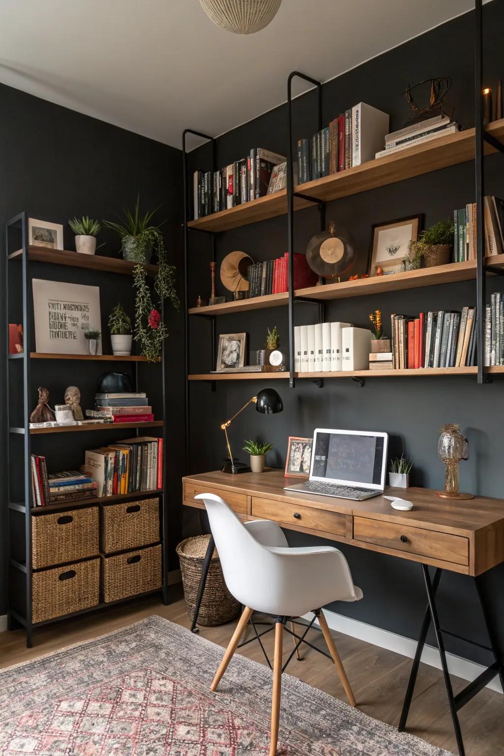 Exposed shelving contributes character and accessibility to the workspace.