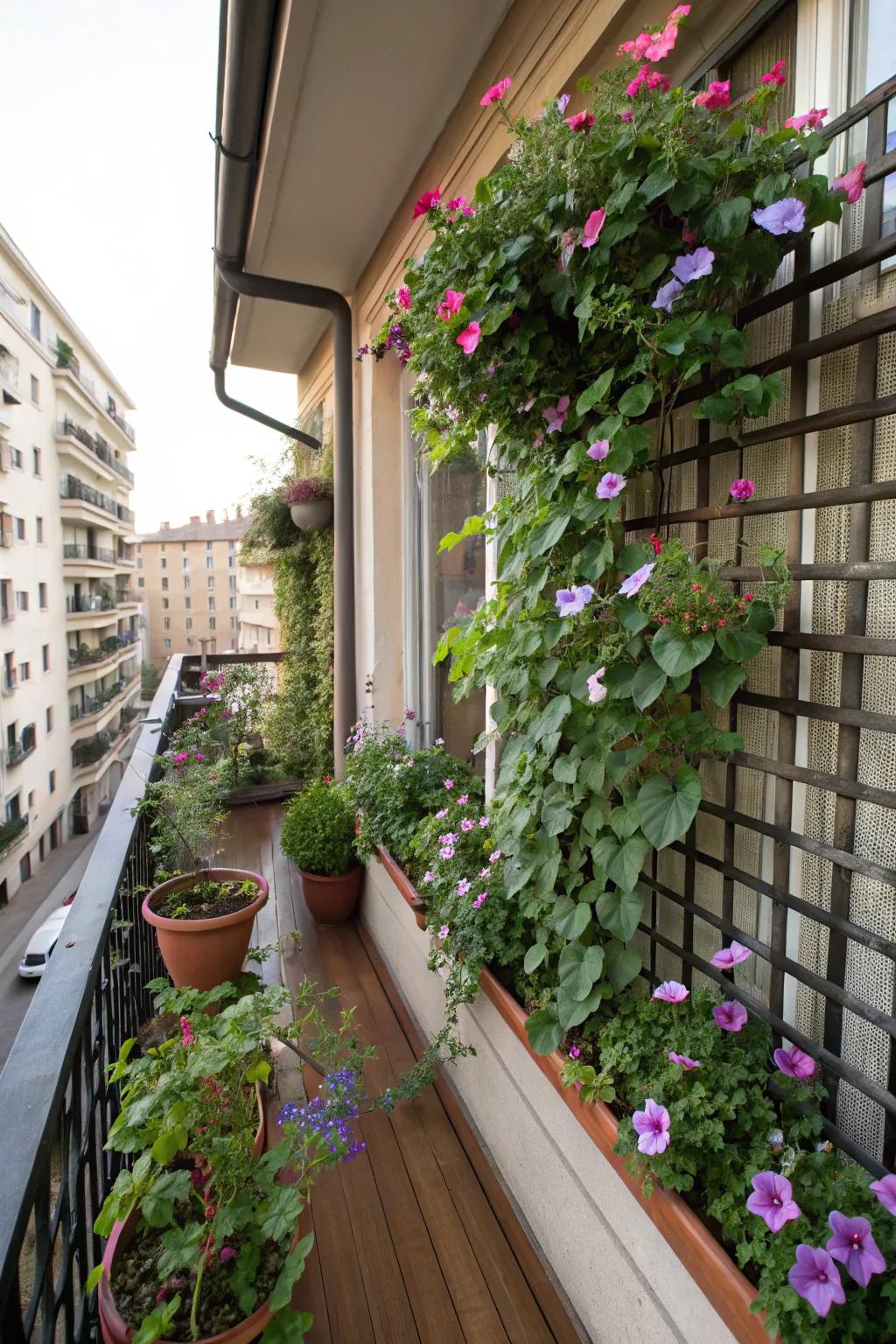 Metropolitan balcony transformed into a verdant vertical garden with the use of morning glories.
