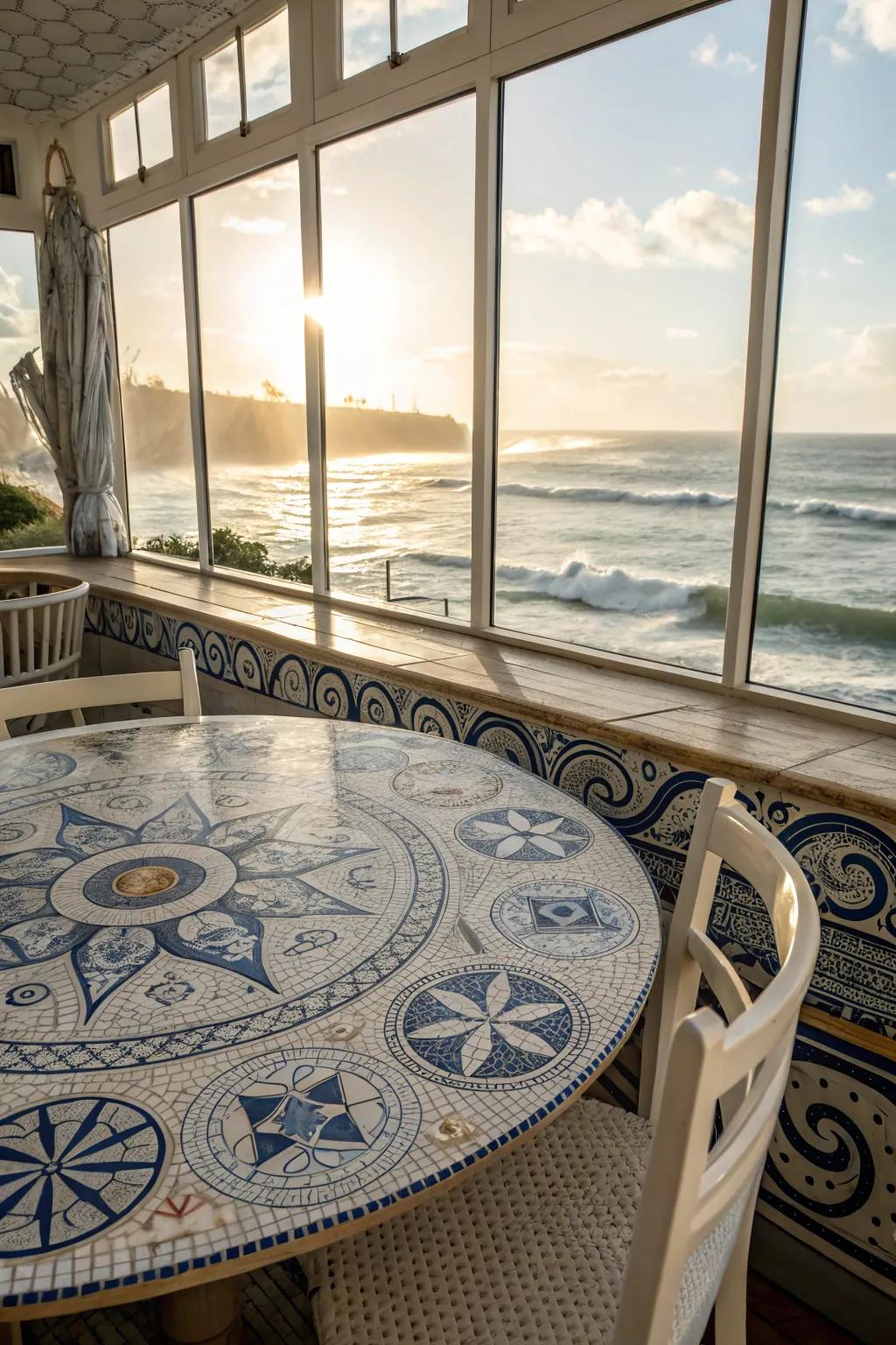Nautical mosaic designs evoke the tranquil splendor of the ocean.