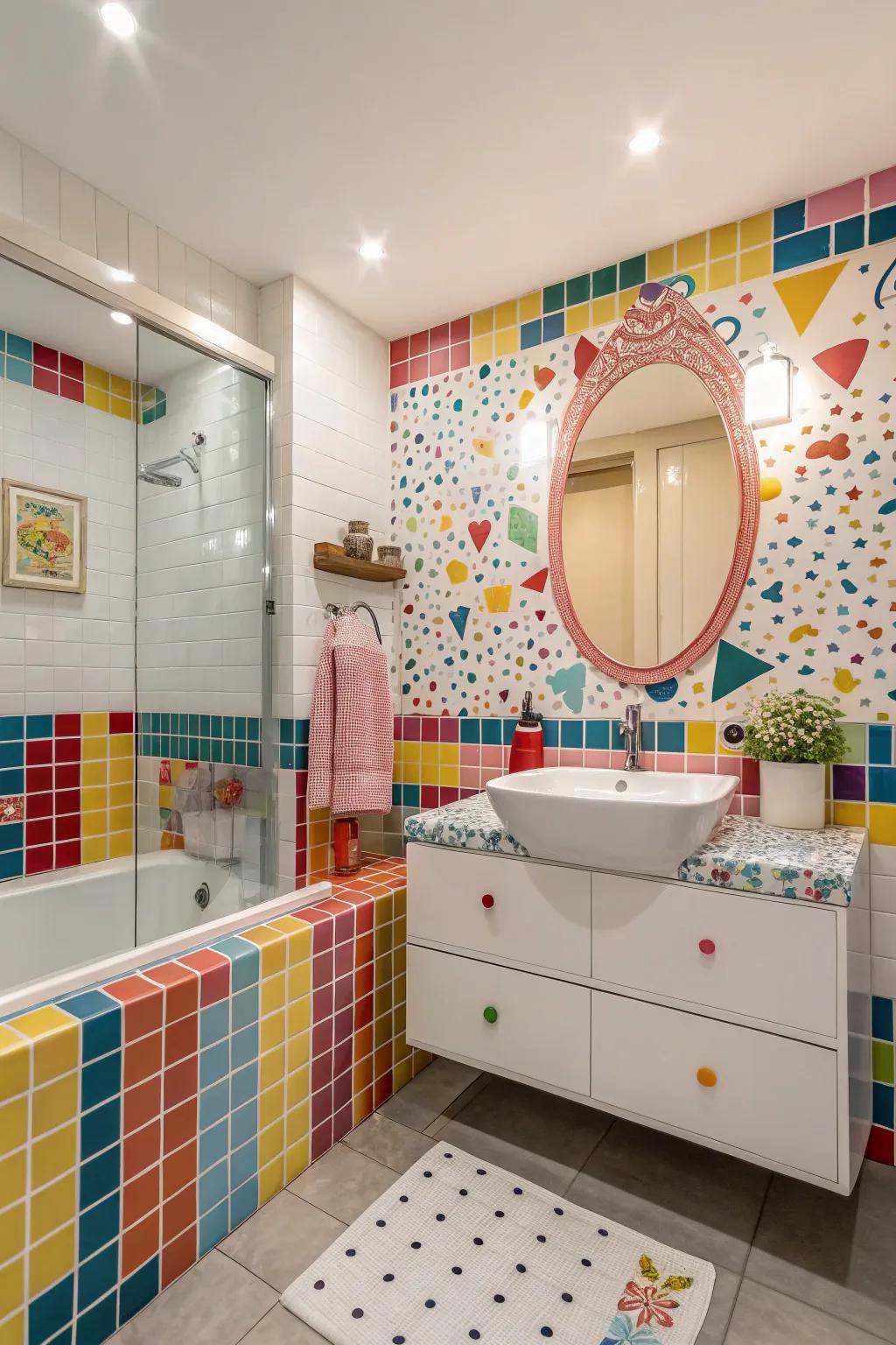 A fun and vibrant bathroom using playful mosaic panel layouts.