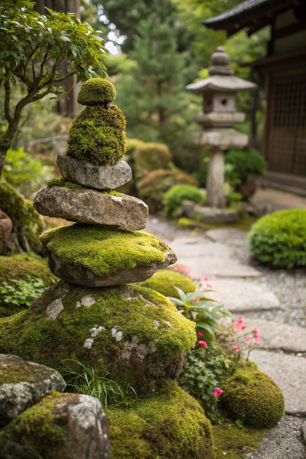 An eye-catching moss stone sculpture in the heart of the garden.