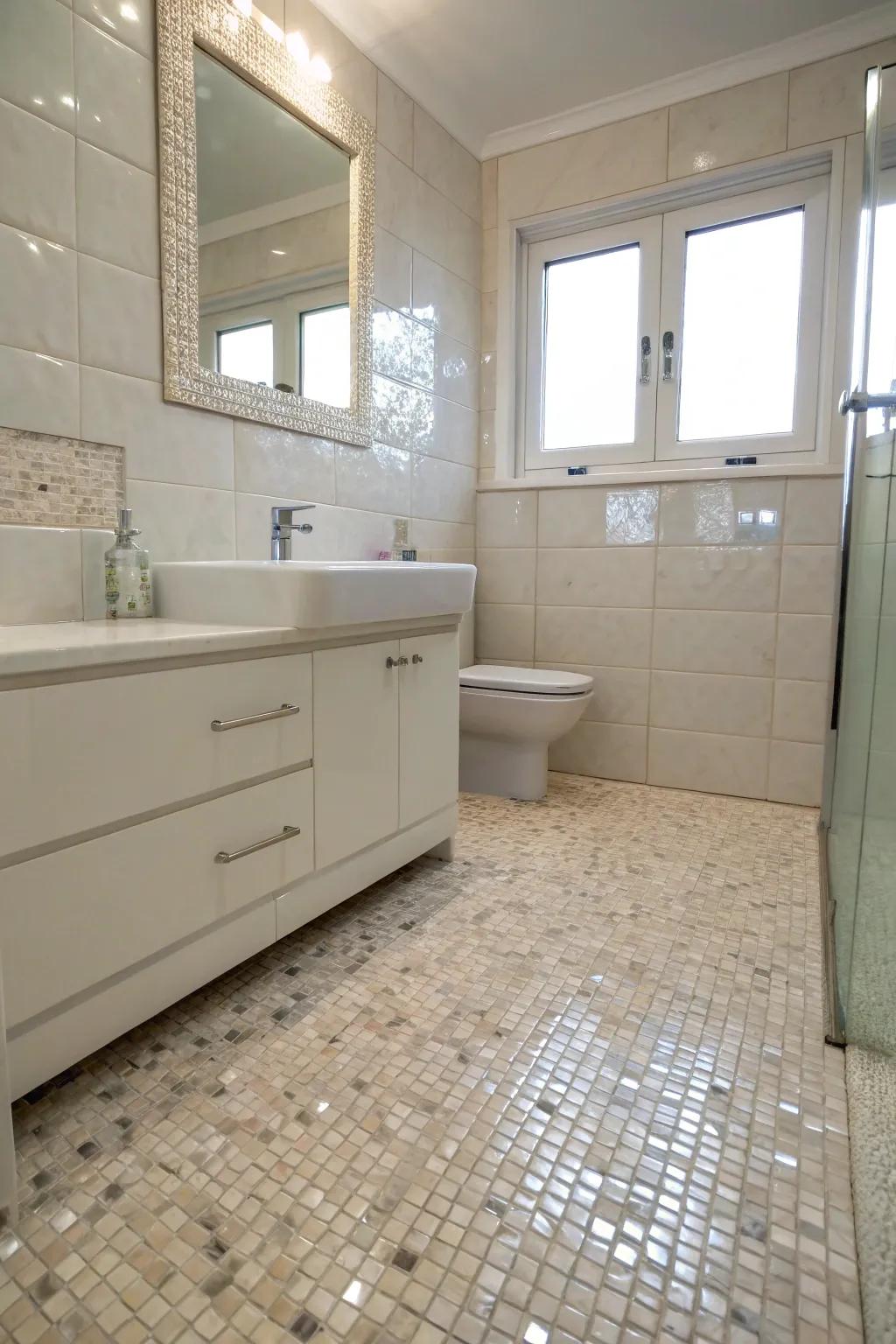 Nacre floor tiles offer a subtle refinement and reflect light beautifully.