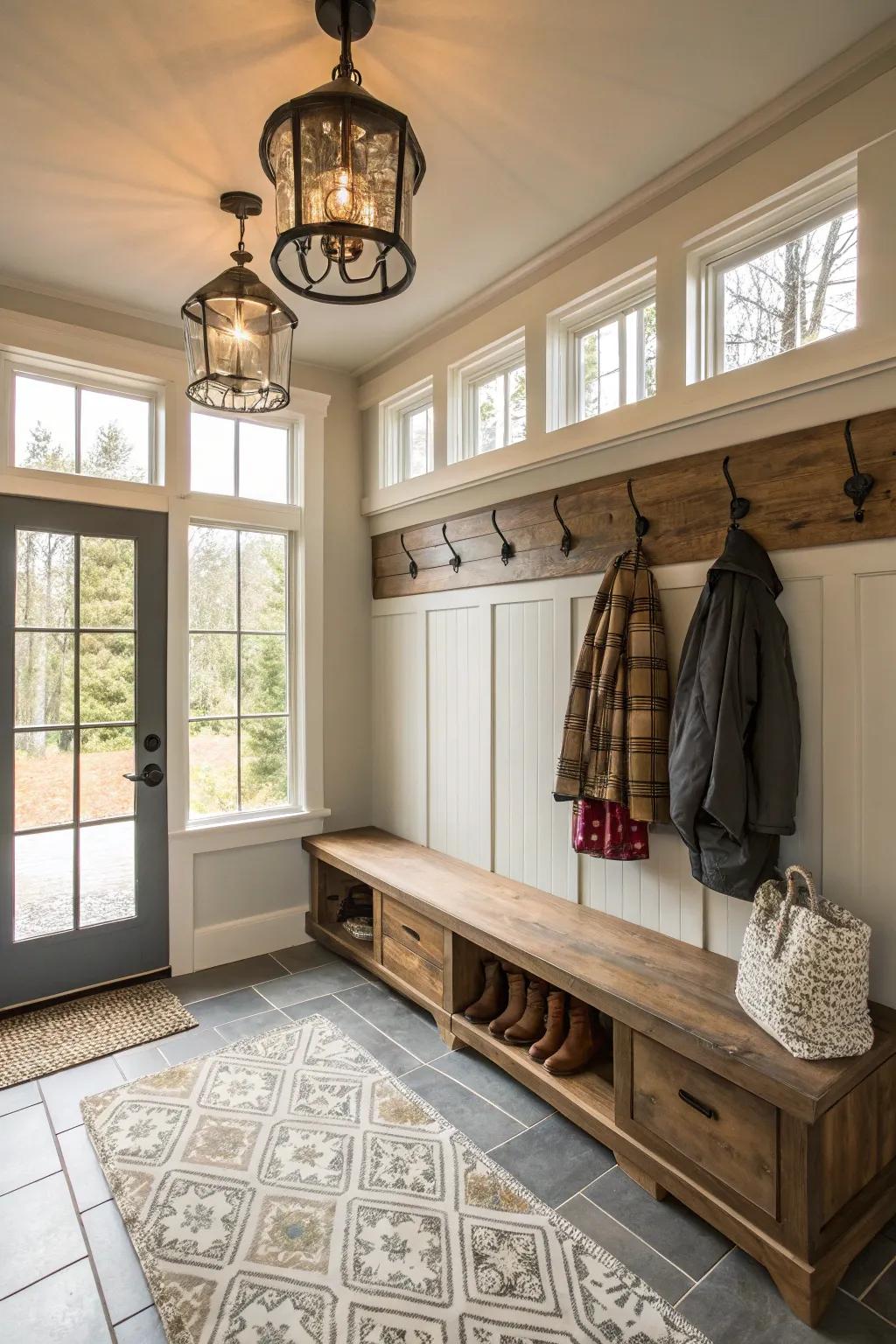 A mudroom is illuminated through natural light and chic fixtures, thus creating a welcoming vibe.