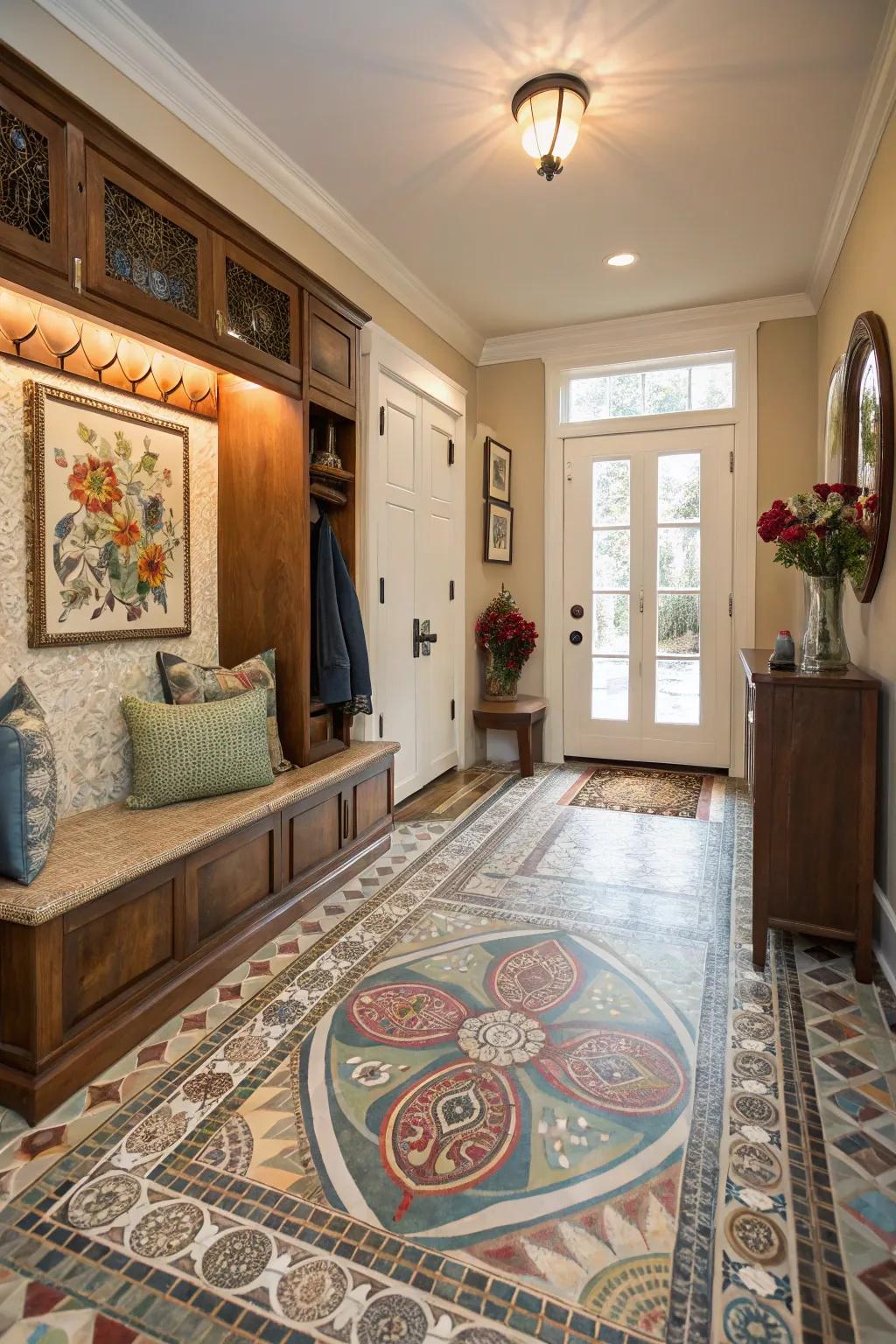 Detailed mosaic tiles creating a work of art in a mudroom