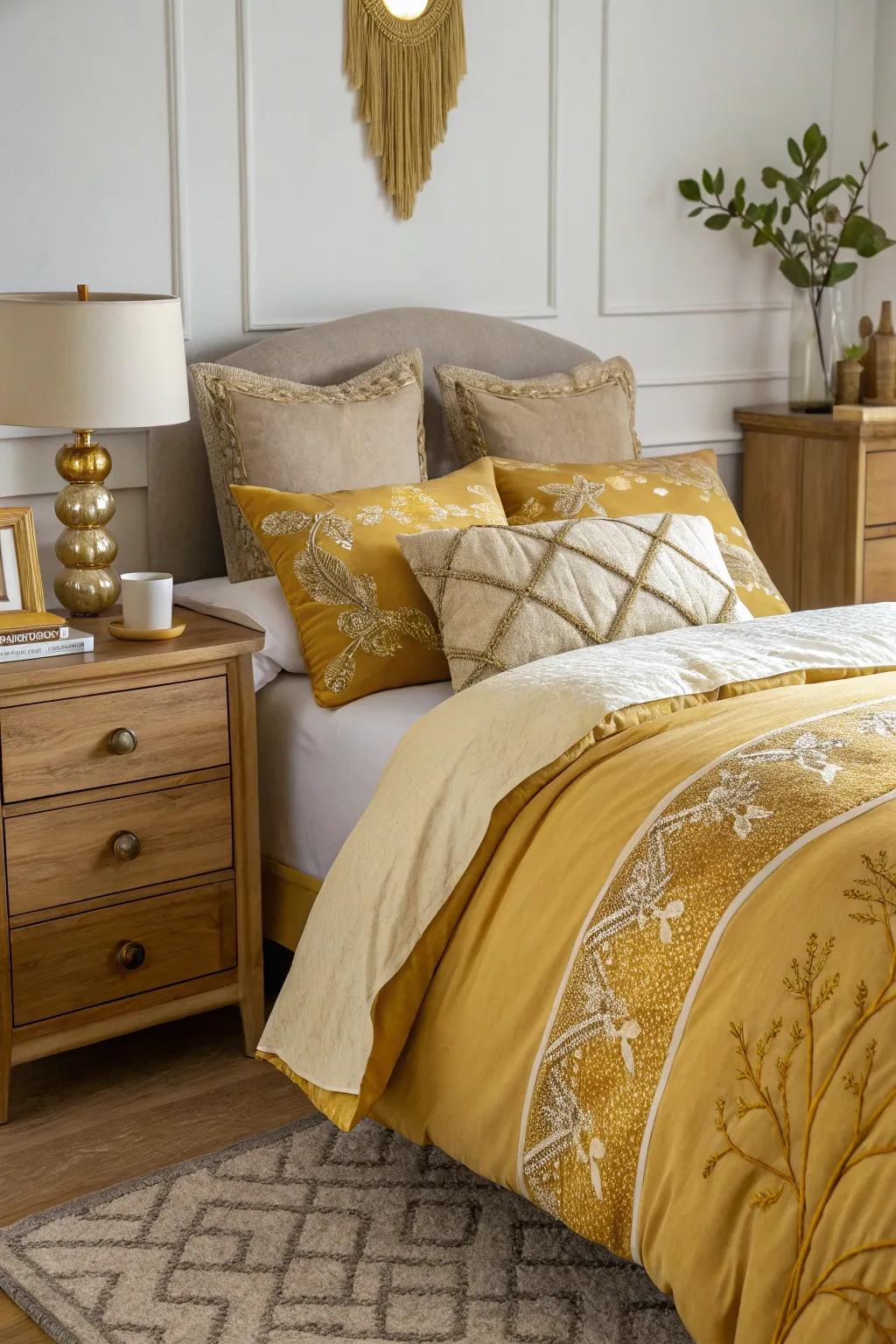 A sophisticated bedroom using glamorous goldenrod and gold tones.