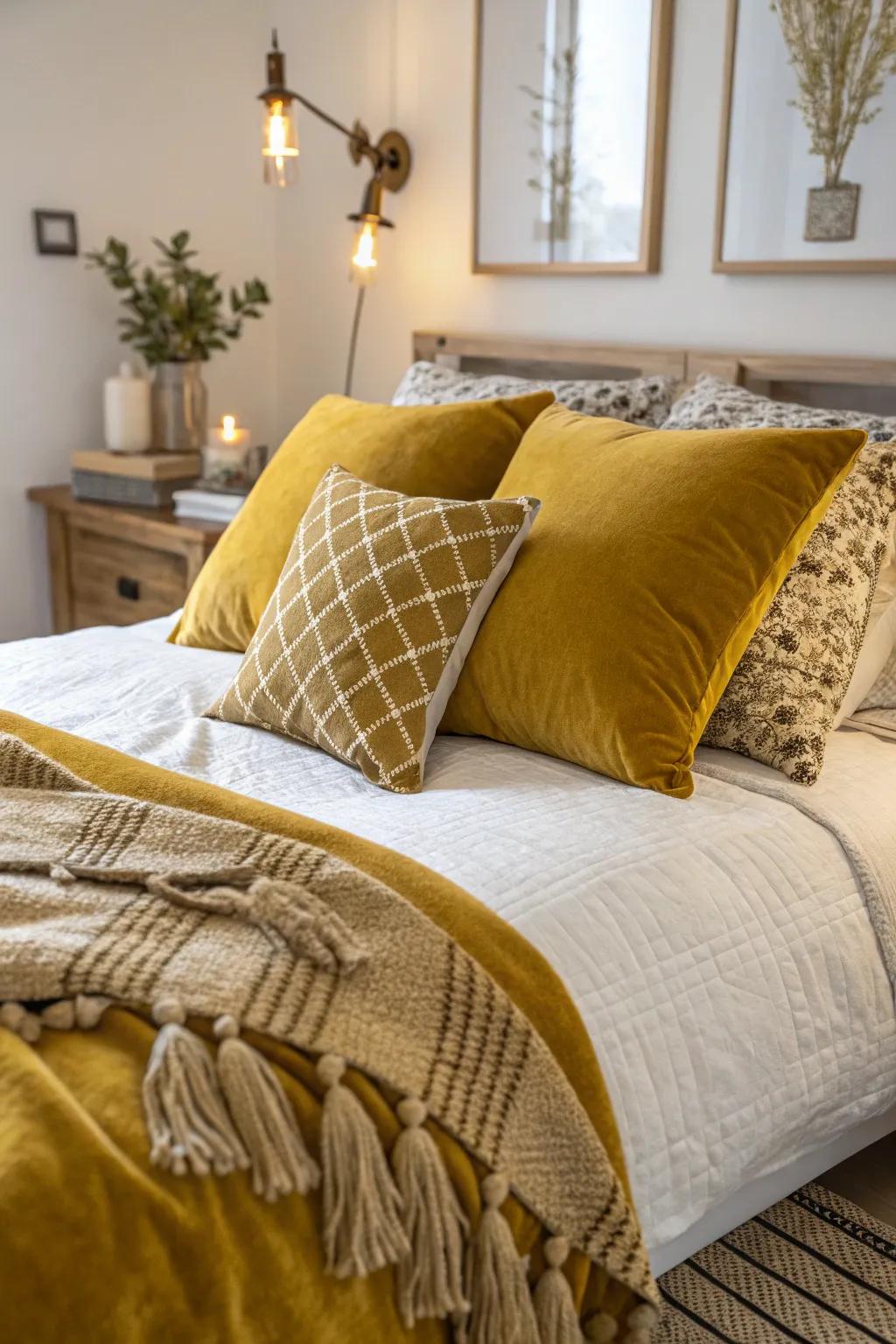 A bedroom showcasing wheat velour pillows along with woven material throws.