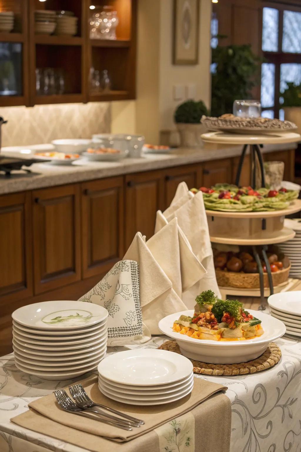 Combining dishware displays with napkin storage for a stylish setup.