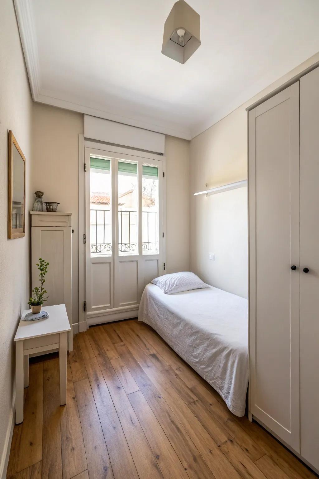 Minimalist decor preserves an open and uncluttered impression in a slender bedroom.