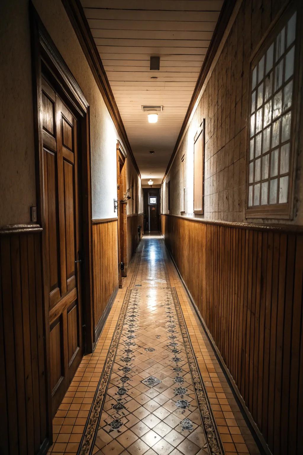 Mixed materials are excellent at adding depth and interest to the floors of narrow hallways.