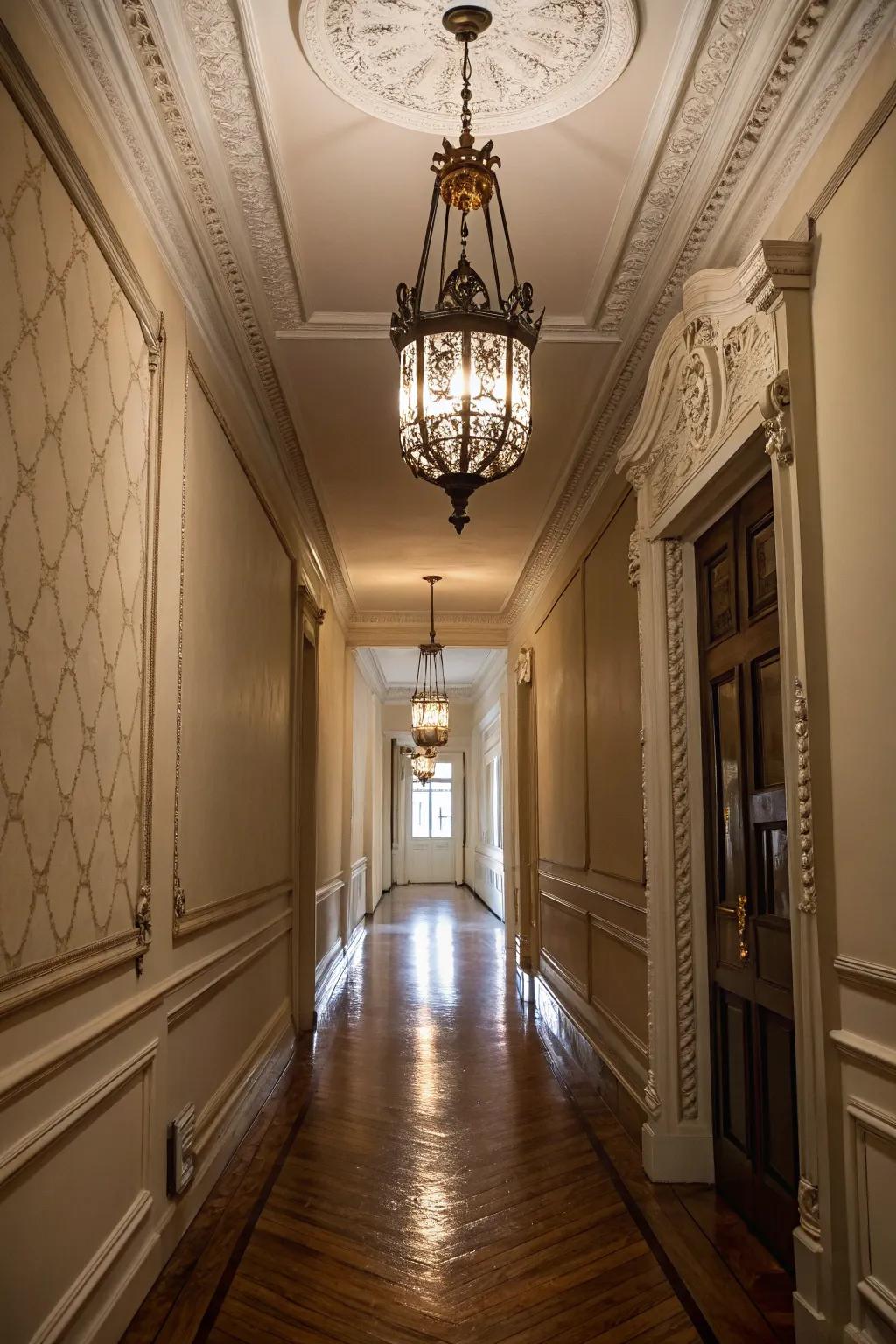 A chandelier introduces a hint of sophistication to slender hallways.