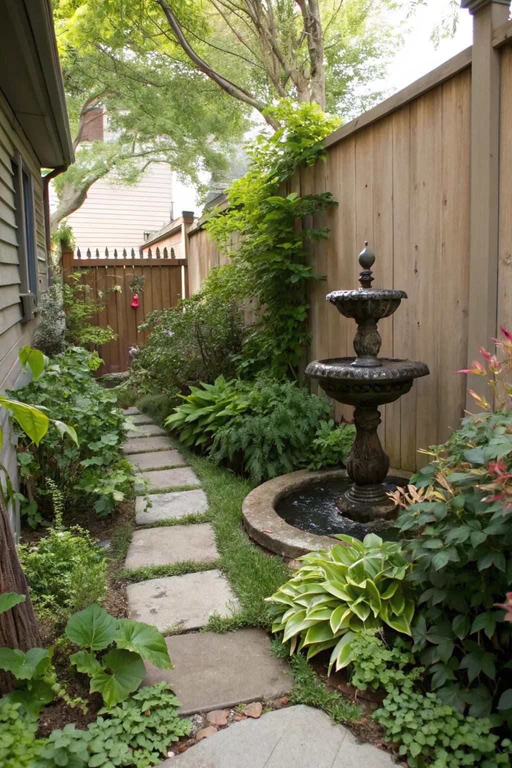 A water feature introduces a serene element to narrow areas.