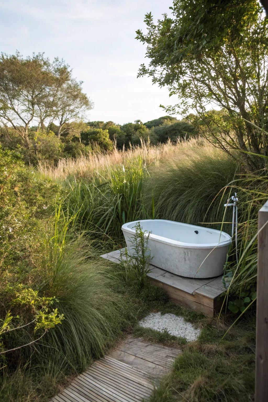 Achieve organic privacy with plants surrounding your outdoor tub.