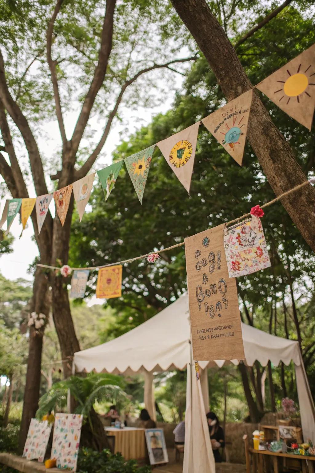Personalized decor using DIY banners and signs.